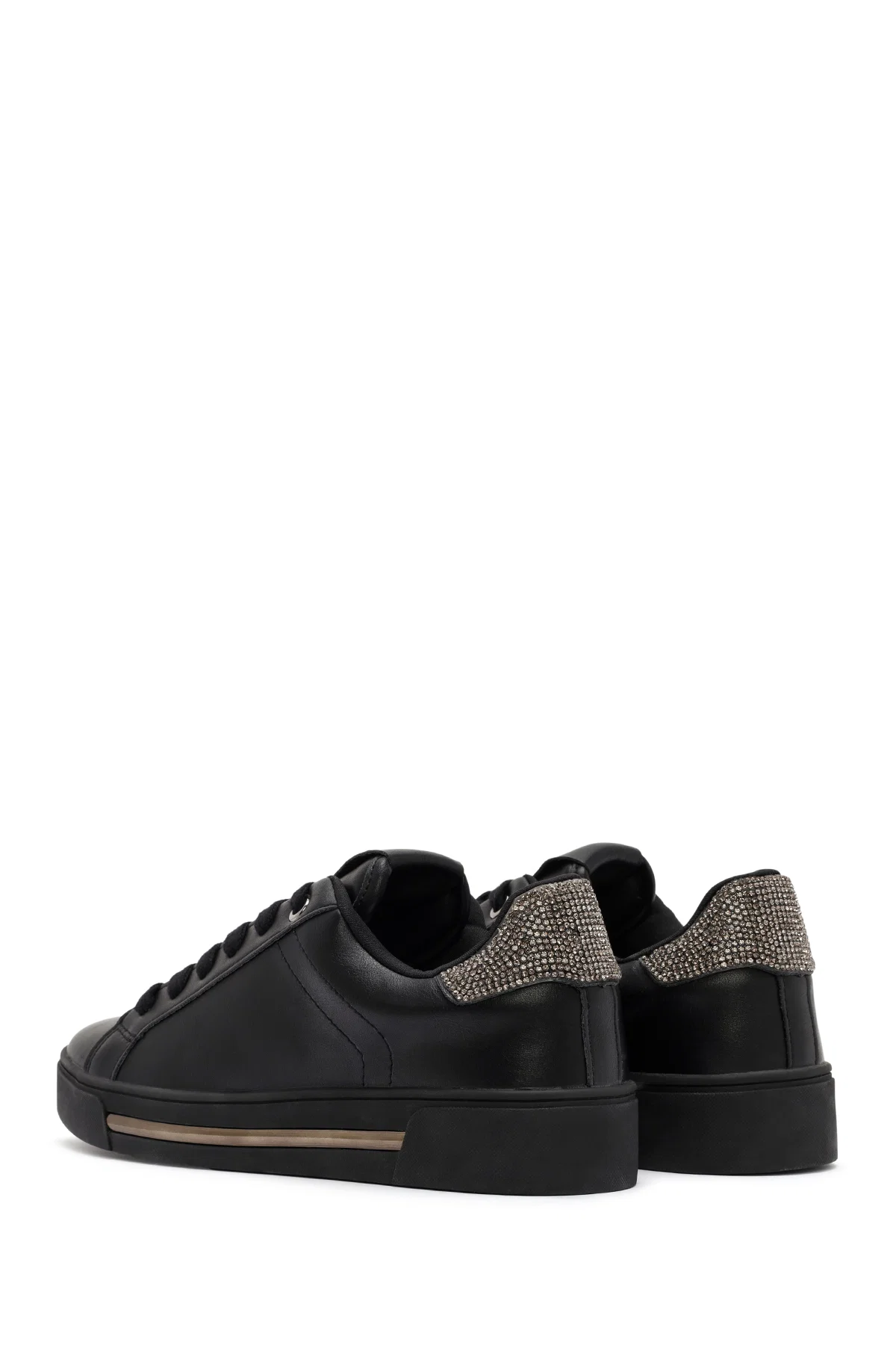 Kadın Siyah Bağcıklı Taş Detaylı Deri Sneaker - Image 5