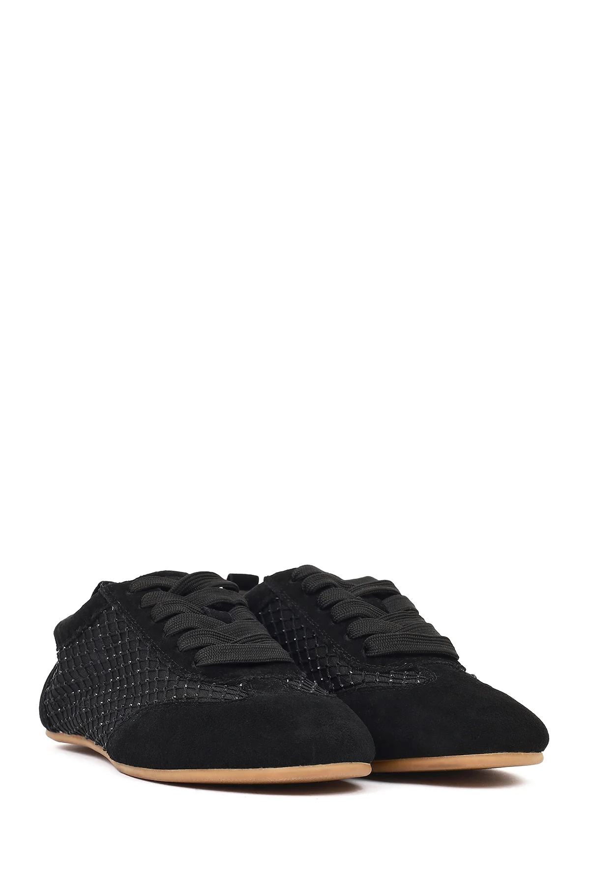 Kadın Siyah Bağcıklı Taşlı Süet Deri Sneaker - Image 2
