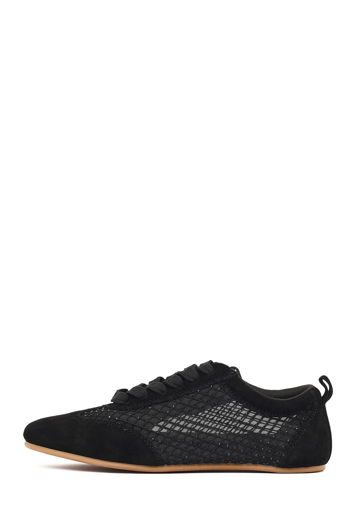 Kadın Siyah Bağcıklı Taşlı Süet Deri Sneaker - Image 3