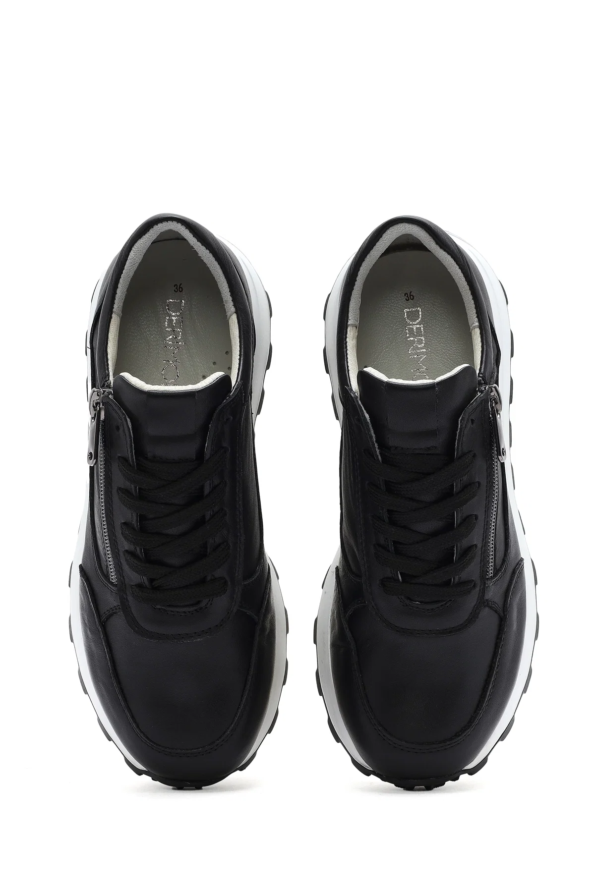 Kadın Siyah Bağcıklı Yandan Fermuarlı Deri Sneaker - Image 7