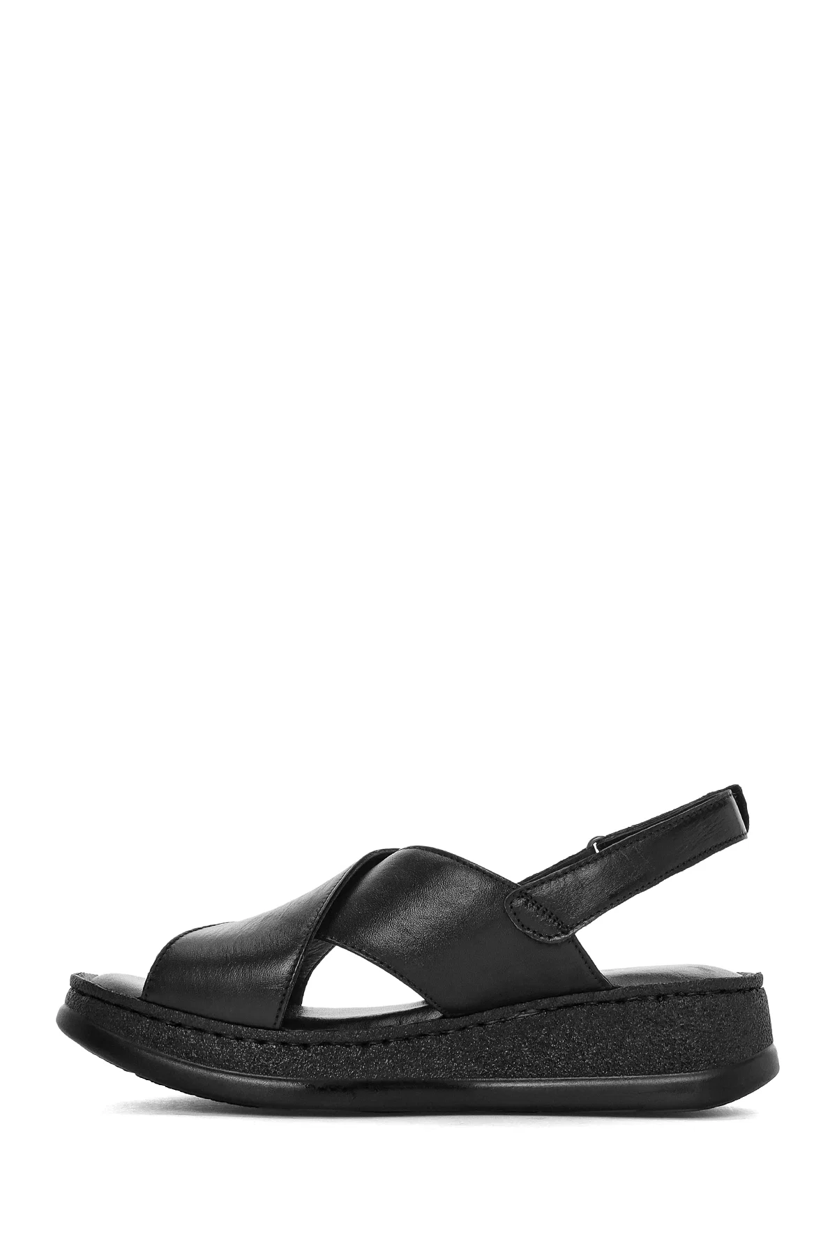 Kadın Siyah Bantlı Kalın Tabanlı Deri Comfort Sandalet - Image 2