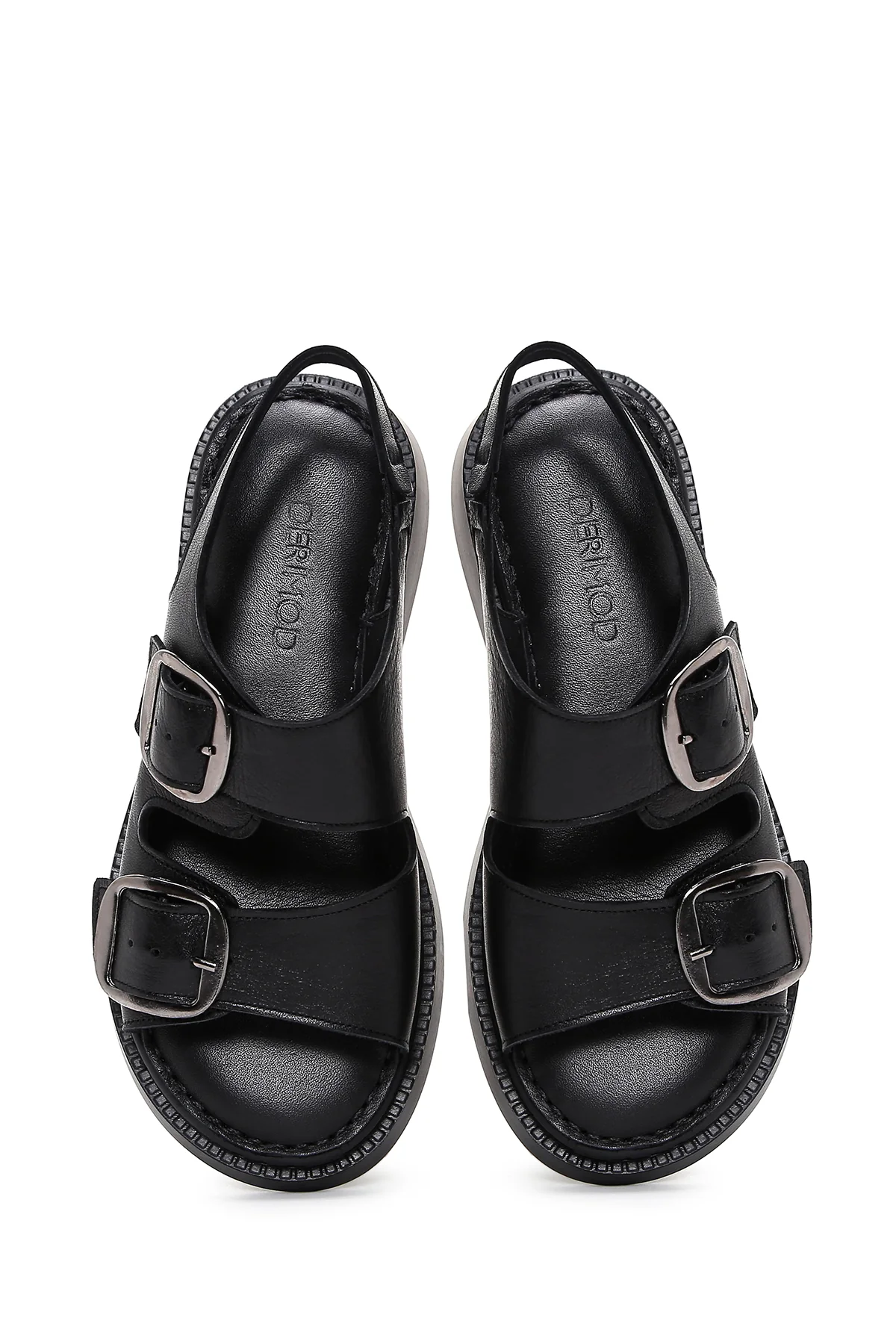 Kadın Siyah Bilekten Bantlı Çift Tokalı Deri Comfort Sandalet - Image 6