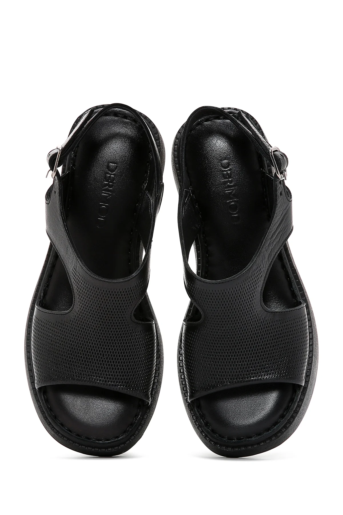 Kadın Siyah Bilekten Bantlı Dolgu Topuklu Deri Comfort Sandalet - Image 6