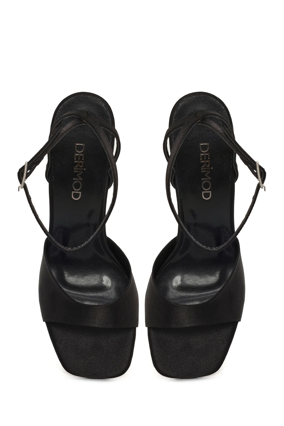 Kadın Siyah Bilekten Tokalı Yüksek İnce Topuklu Kumaş Sandalet - Image 5