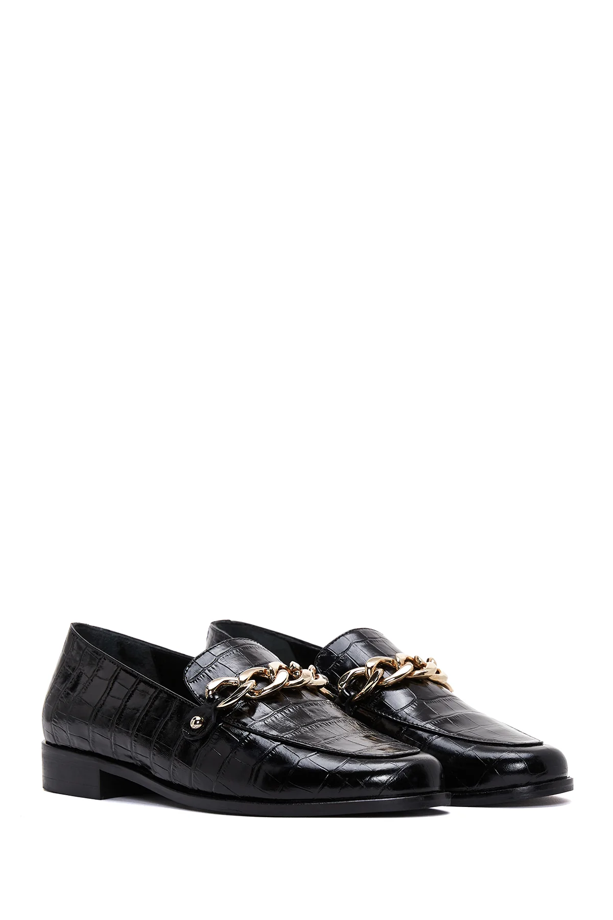 Kadın Siyah Deri Kroko Klasik Loafer - Image 3