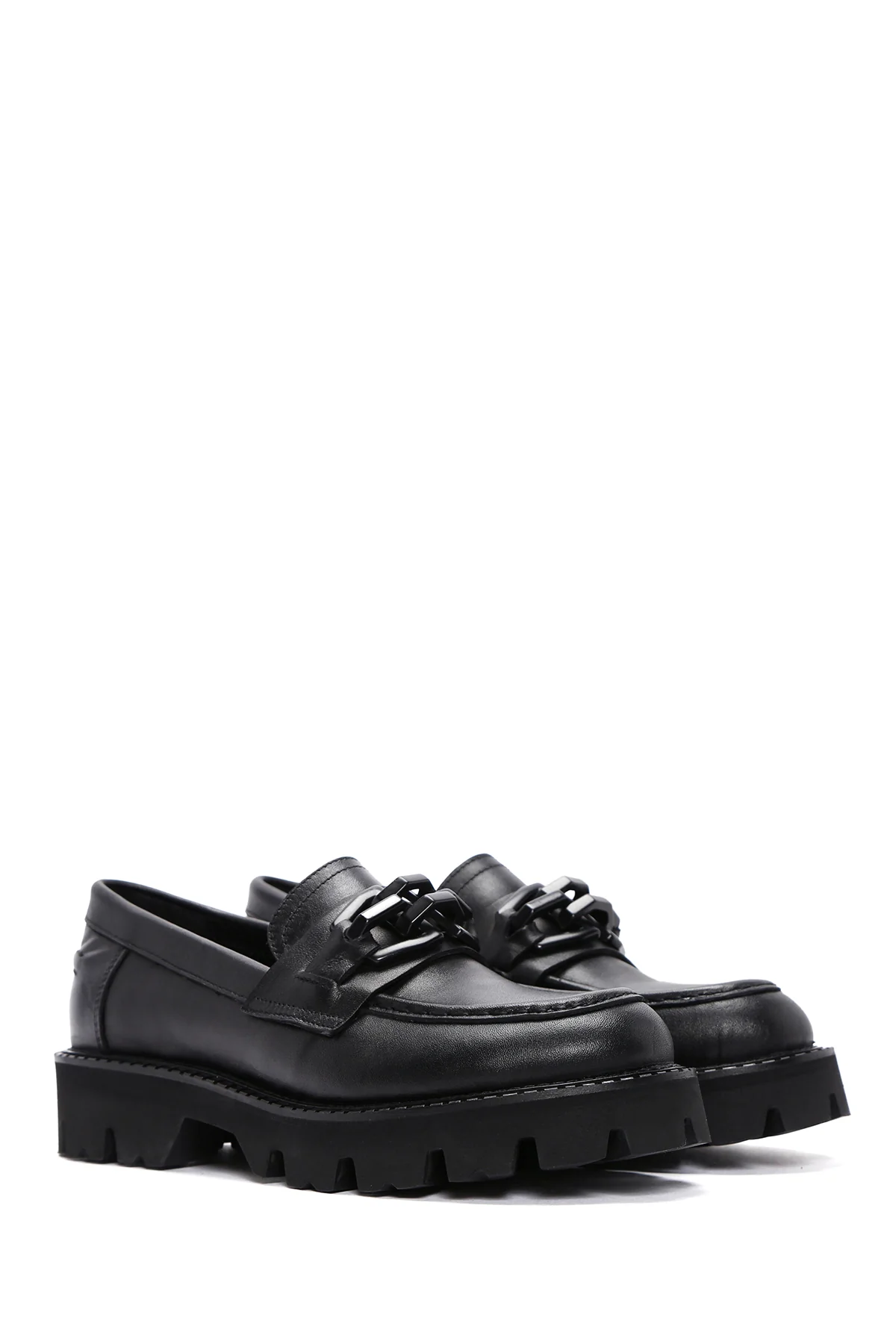 Kadın Siyah Deri Maskülen Loafer - Image 3