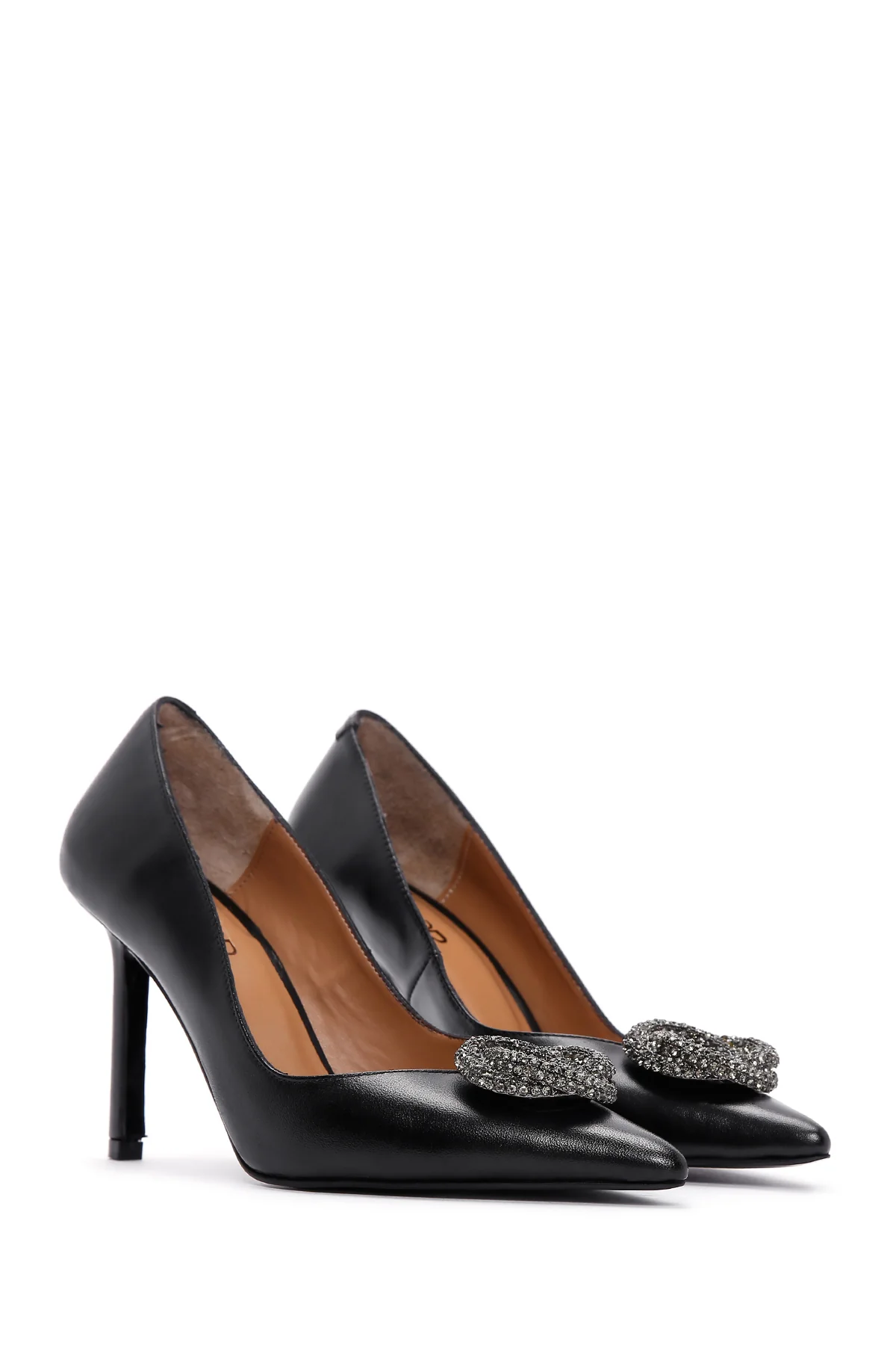Kadın Siyah Deri Taşlı Stiletto - Image 4