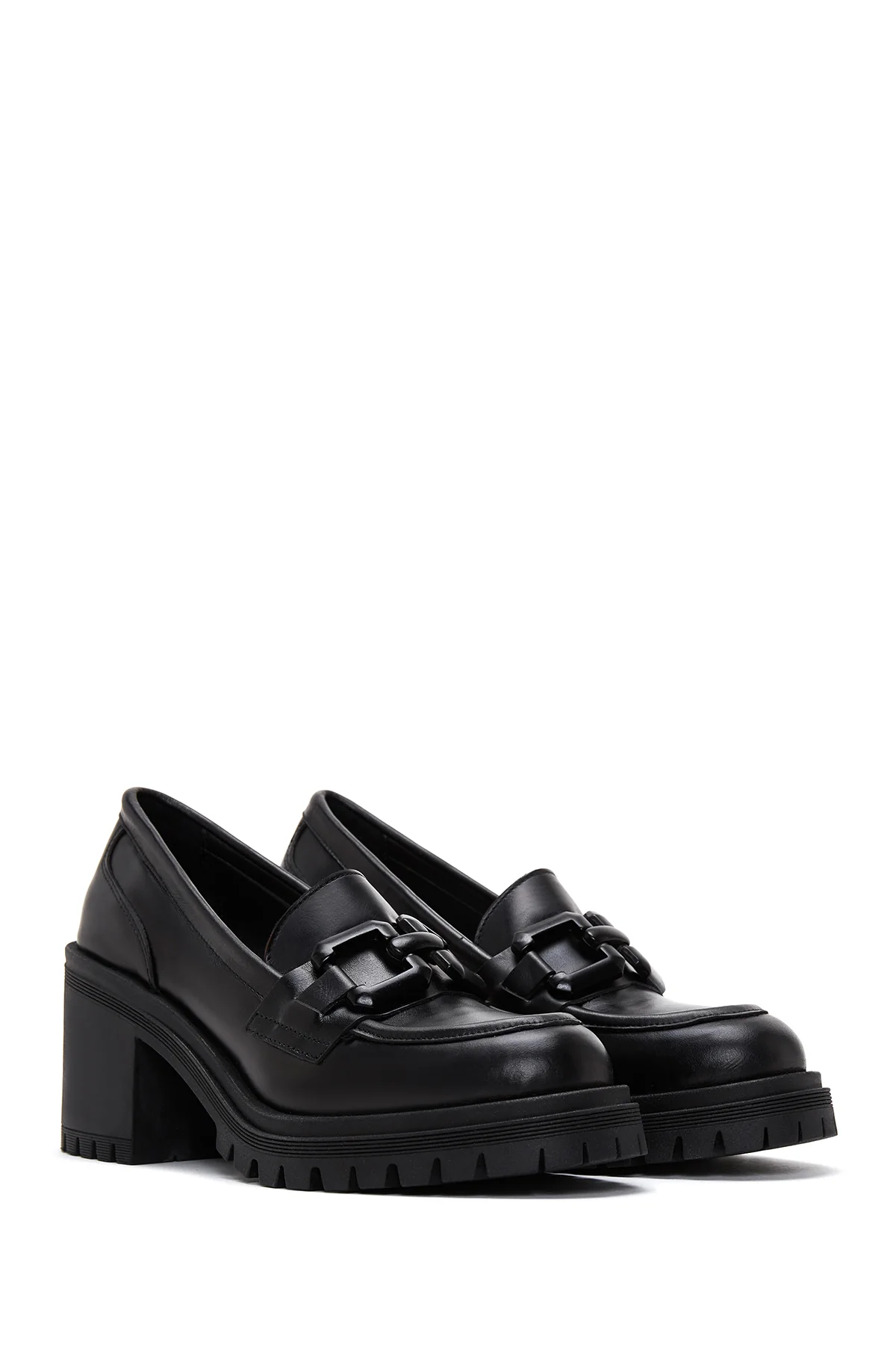 Kadın Siyah Deri Topuklu Loafer - Image 3