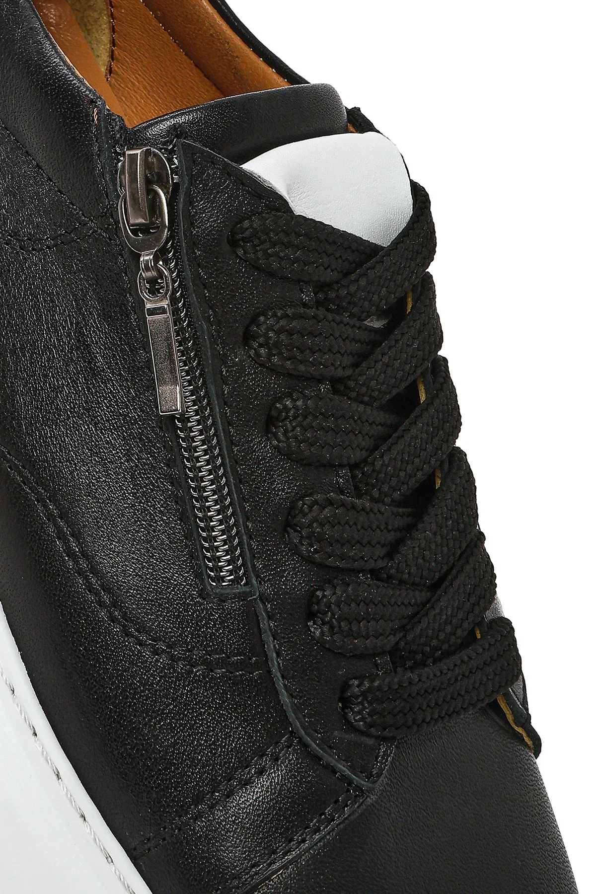 Kadın Siyah Fermuarlı Bağcıklı Kalın Tabanlı Deri Sneaker - Image 8