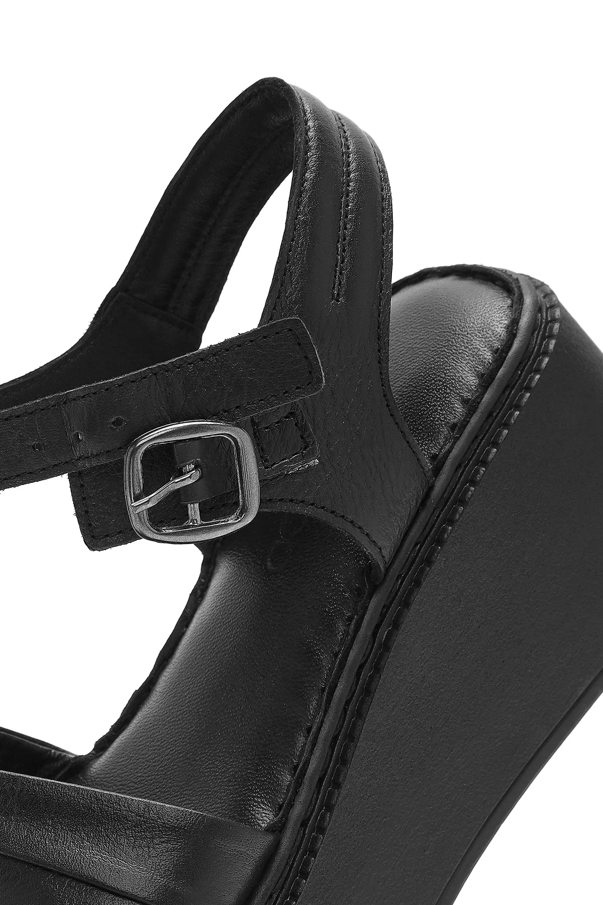 Kadın Siyah Kalın Tabanlı Deri Comfort Sandalet - Image 10