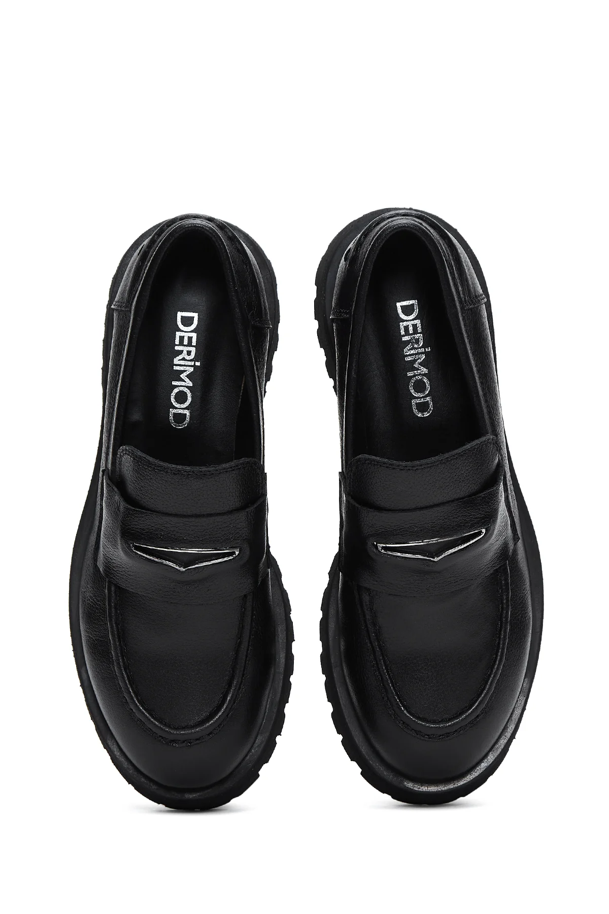 Kadın Siyah Kalın Tabanlı Deri Maskülen Loafer - Image 6