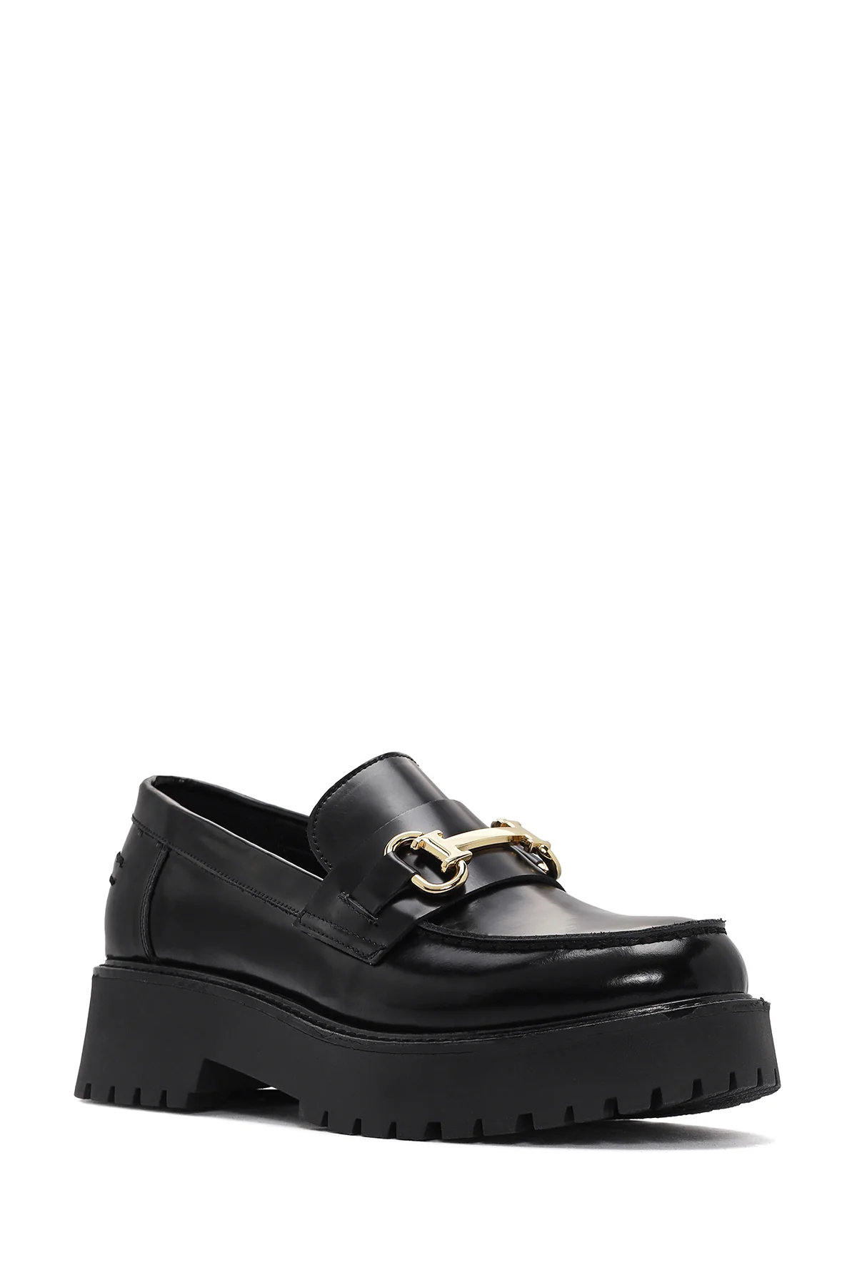 Kadın Siyah Kalın Tabanlı Deri Maskülen Loafer - Image 6