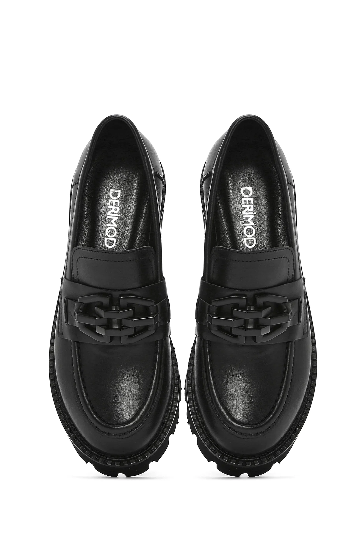 Kadın Siyah Kalın Tabanlı Deri Maskülen Loafer - Image 7