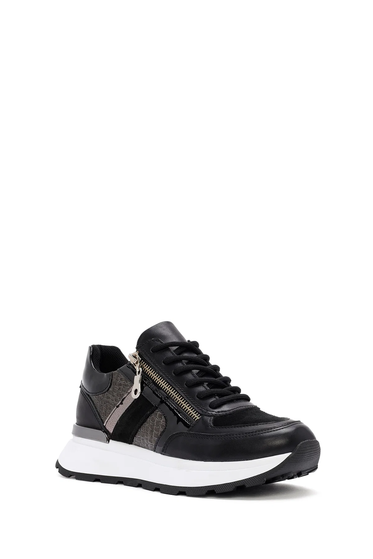 Kadın Siyah Kalın Tabanlı Fermuarlı Deri Sneaker - Image 6