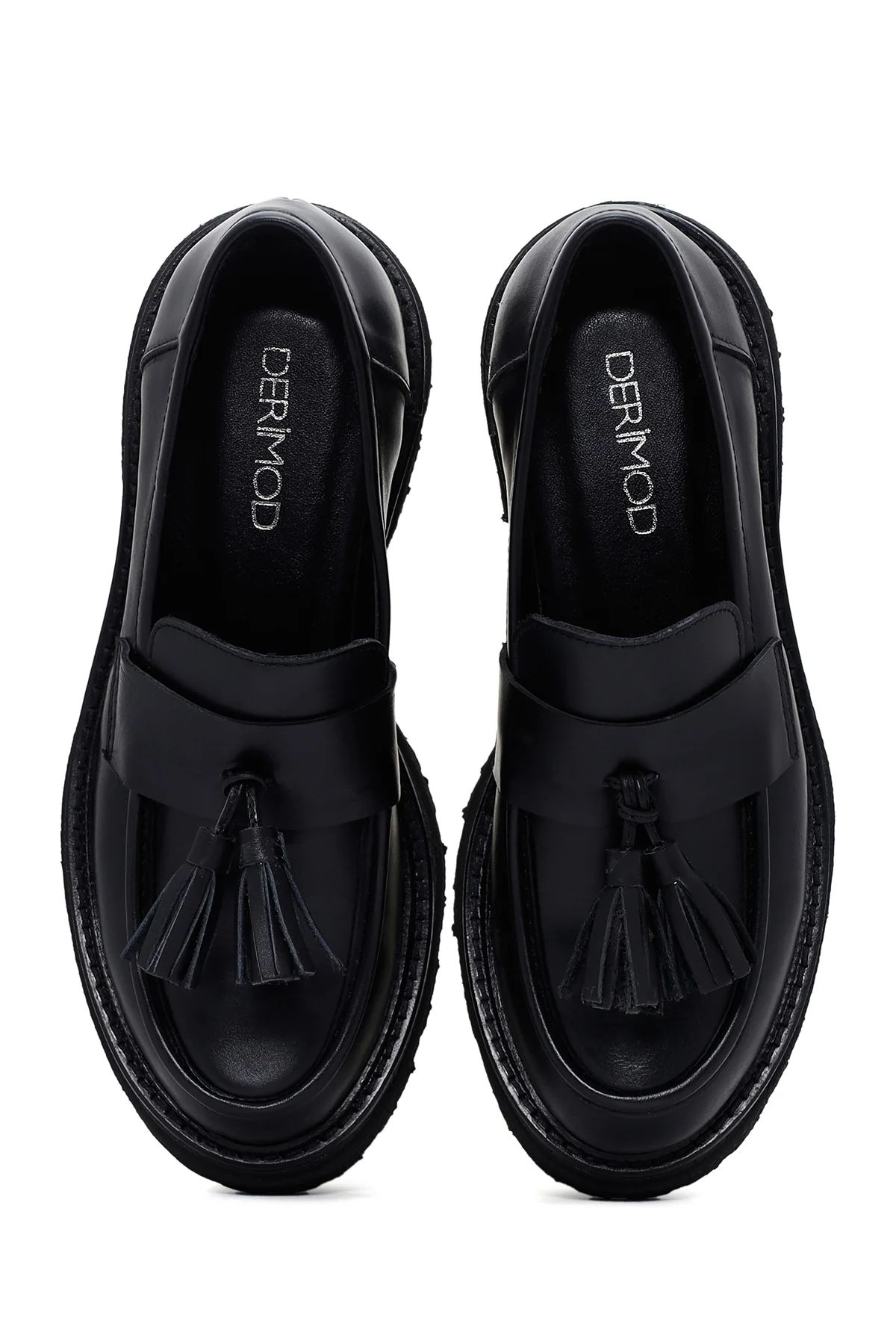 Kadın Siyah Kalın Tabanlı Püsküllü Casual Deri Loafer - Image 6