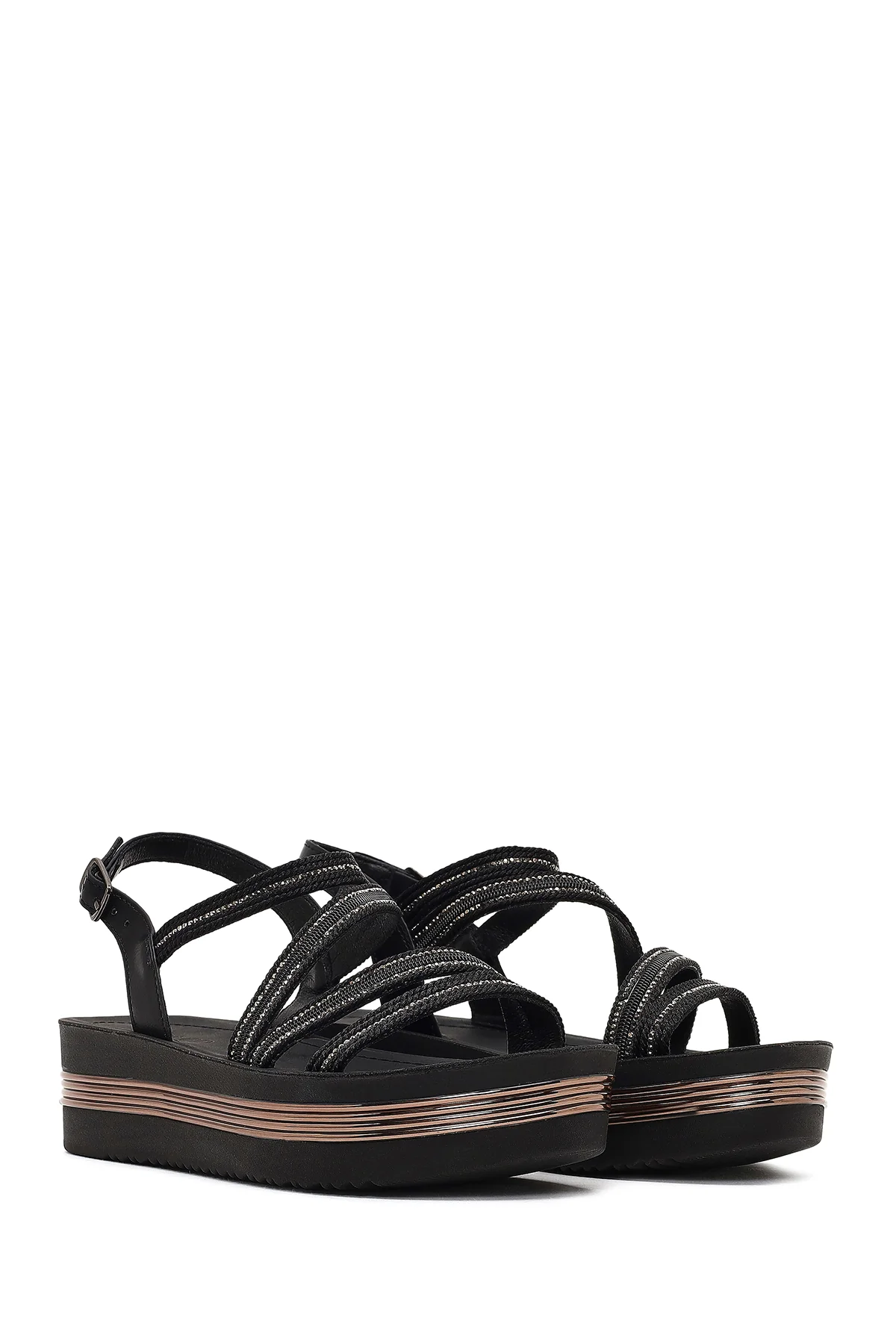 Kadın Siyah Kalın Tabanlı Taşlı Sandalet - Image 3