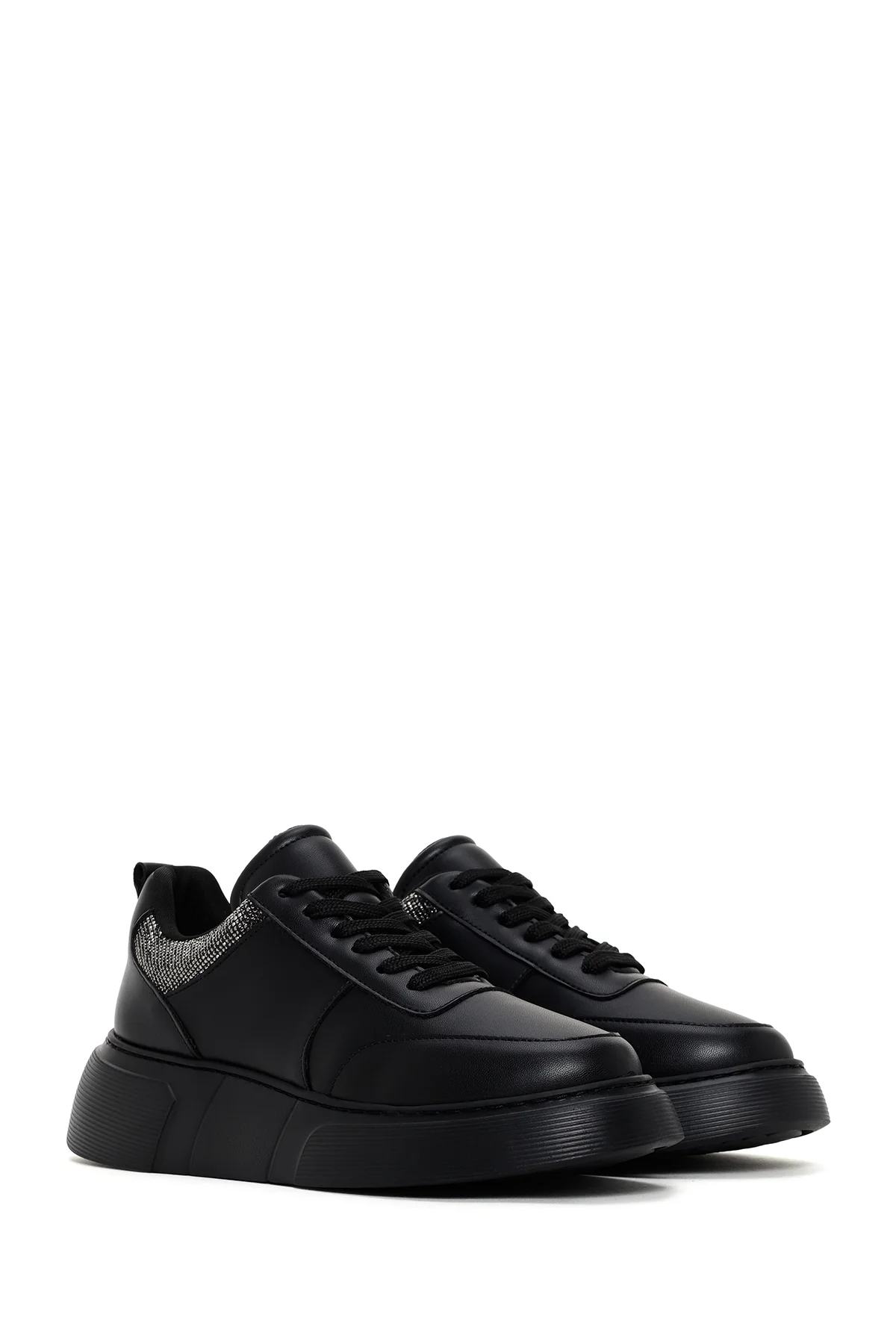 Kadın Siyah Kalın Tabanlı Taşlı Sneaker - Image 3