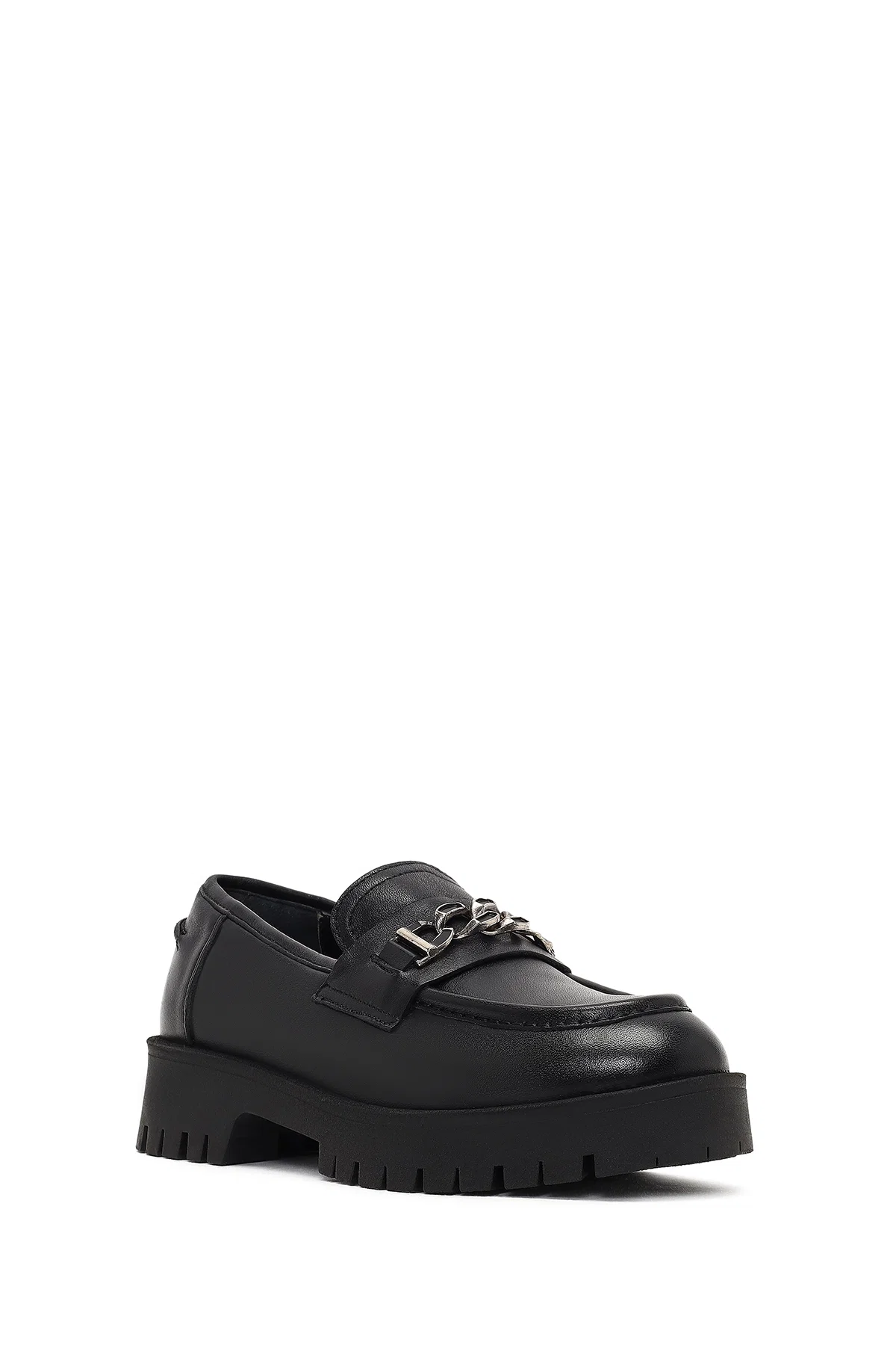 Kadın Siyah Kalın Tabanlı Tokalı Deri Maskülen Loafer - Image 6