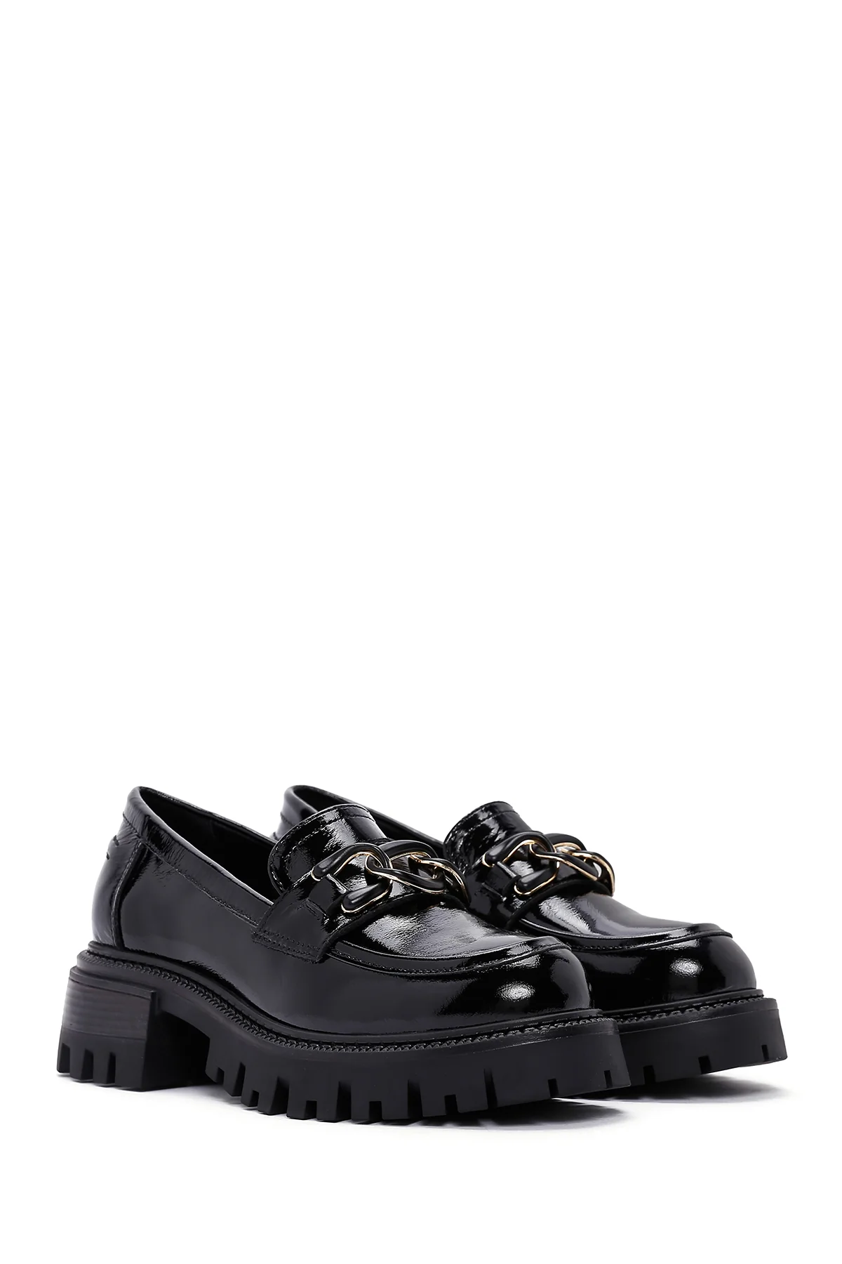 Kadın Siyah Kalın Tabanlı Tokalı Rugan Deri Casual Loafer - Image 3