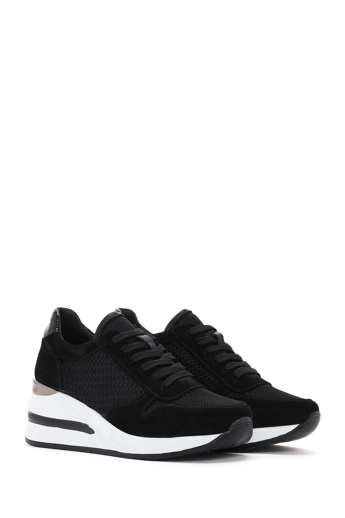 Kadın Siyah Kalın Topuklu Bağcıklı Deri Sneaker - Image 3