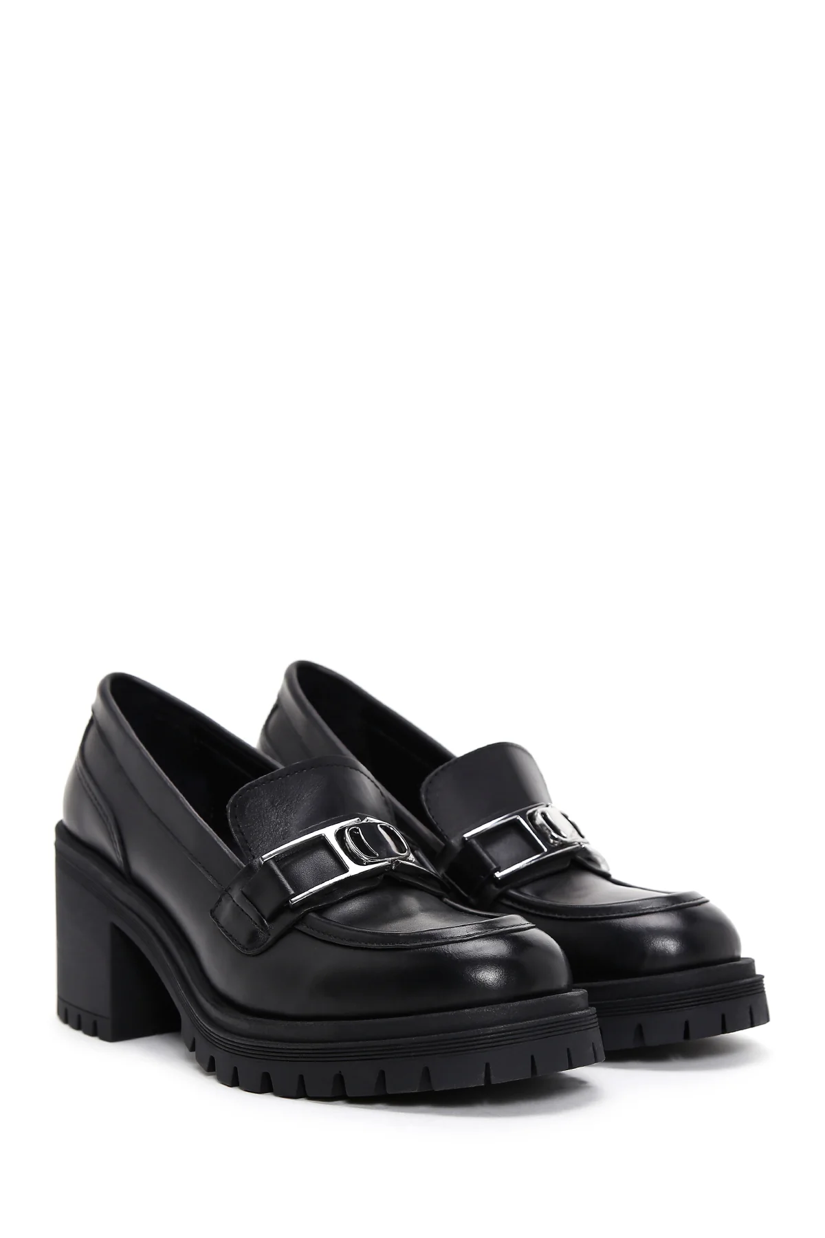 Kadın Siyah Kalın Topuklu Deri Maskülen Loafer - Image 3