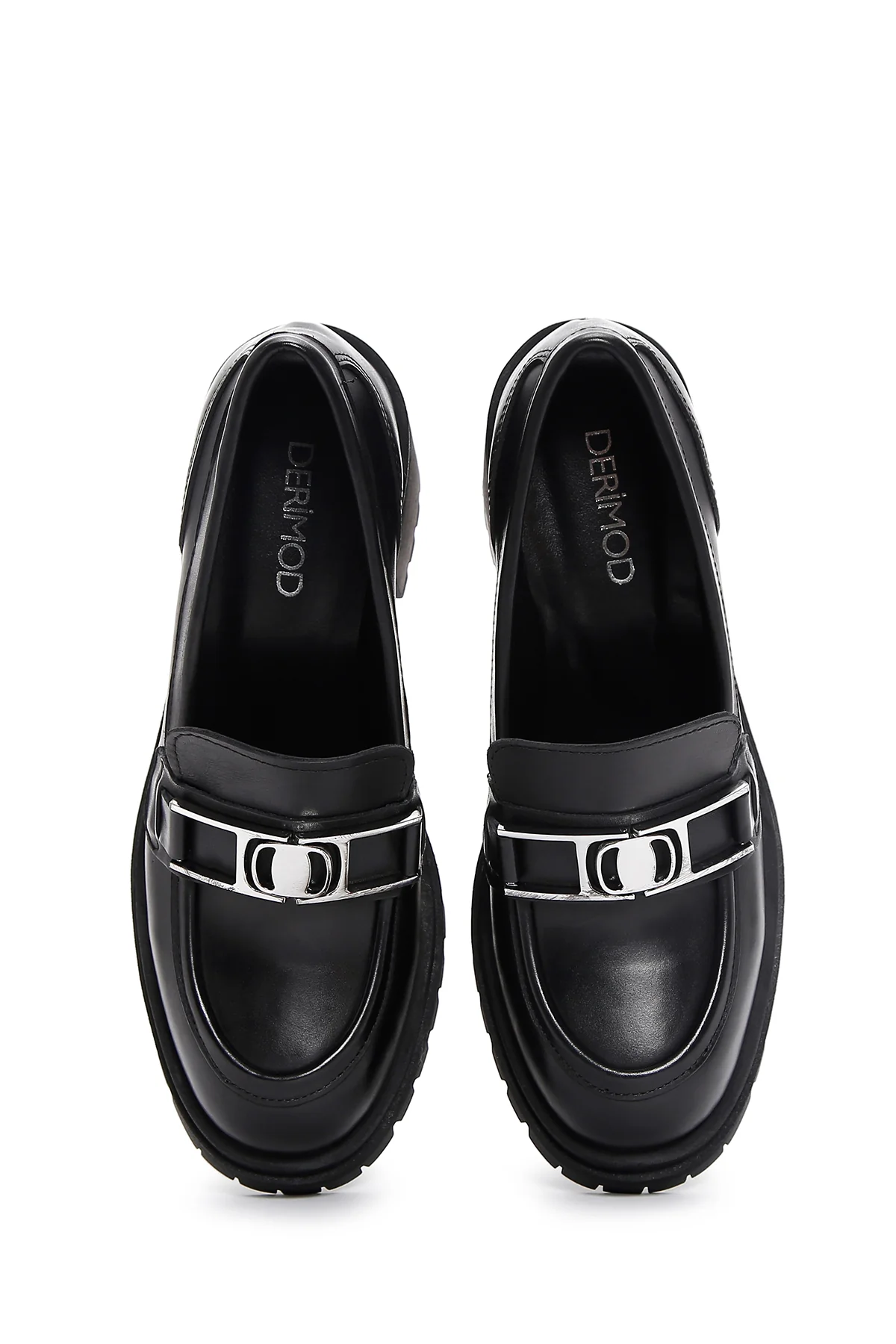 Kadın Siyah Kalın Topuklu Deri Maskülen Loafer - Image 6