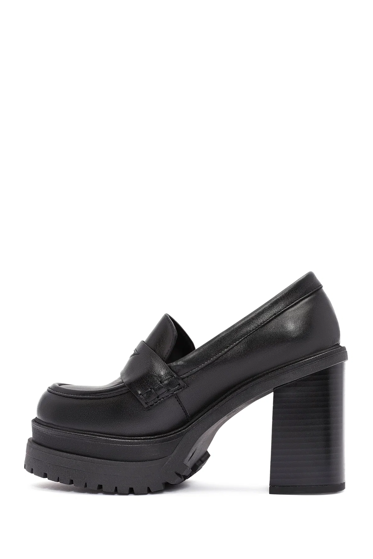Kadın Siyah Kalın Topuklu Deri Maskülen Loafer - Image 4