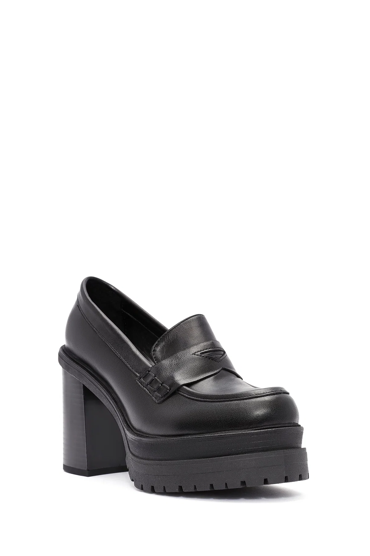 Kadın Siyah Kalın Topuklu Deri Maskülen Loafer - Image 7