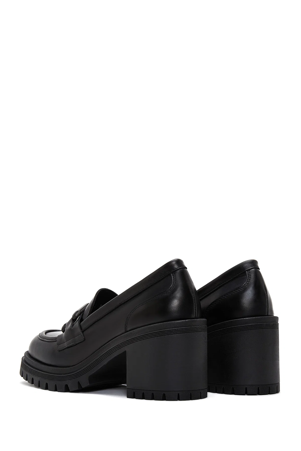 Kadın Siyah Kalın Topuklu Deri Maskülen Loafer - Image 5