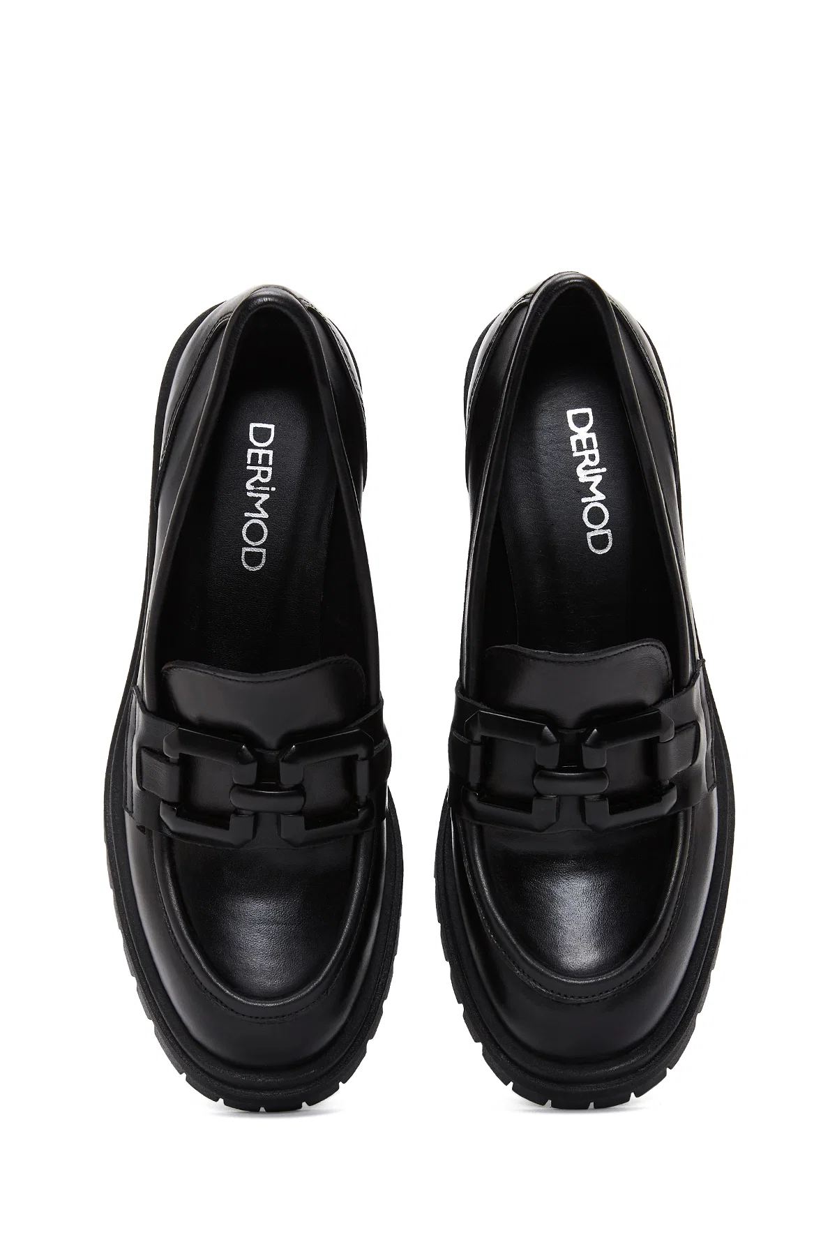 Kadın Siyah Kalın Topuklu Deri Maskülen Loafer - Image 6