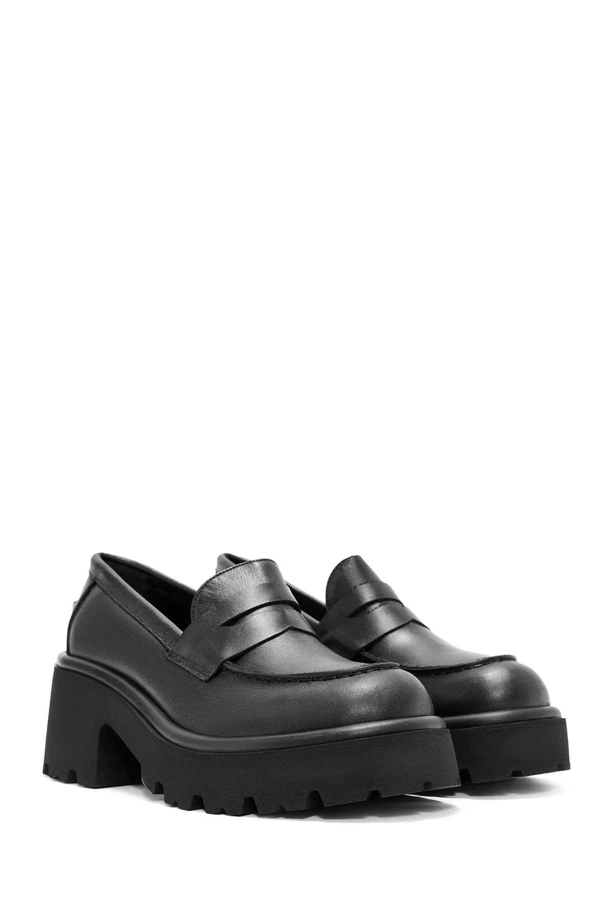 Kadın Siyah Kalın Topuklu Deri Maskülen Loafer - Image 3