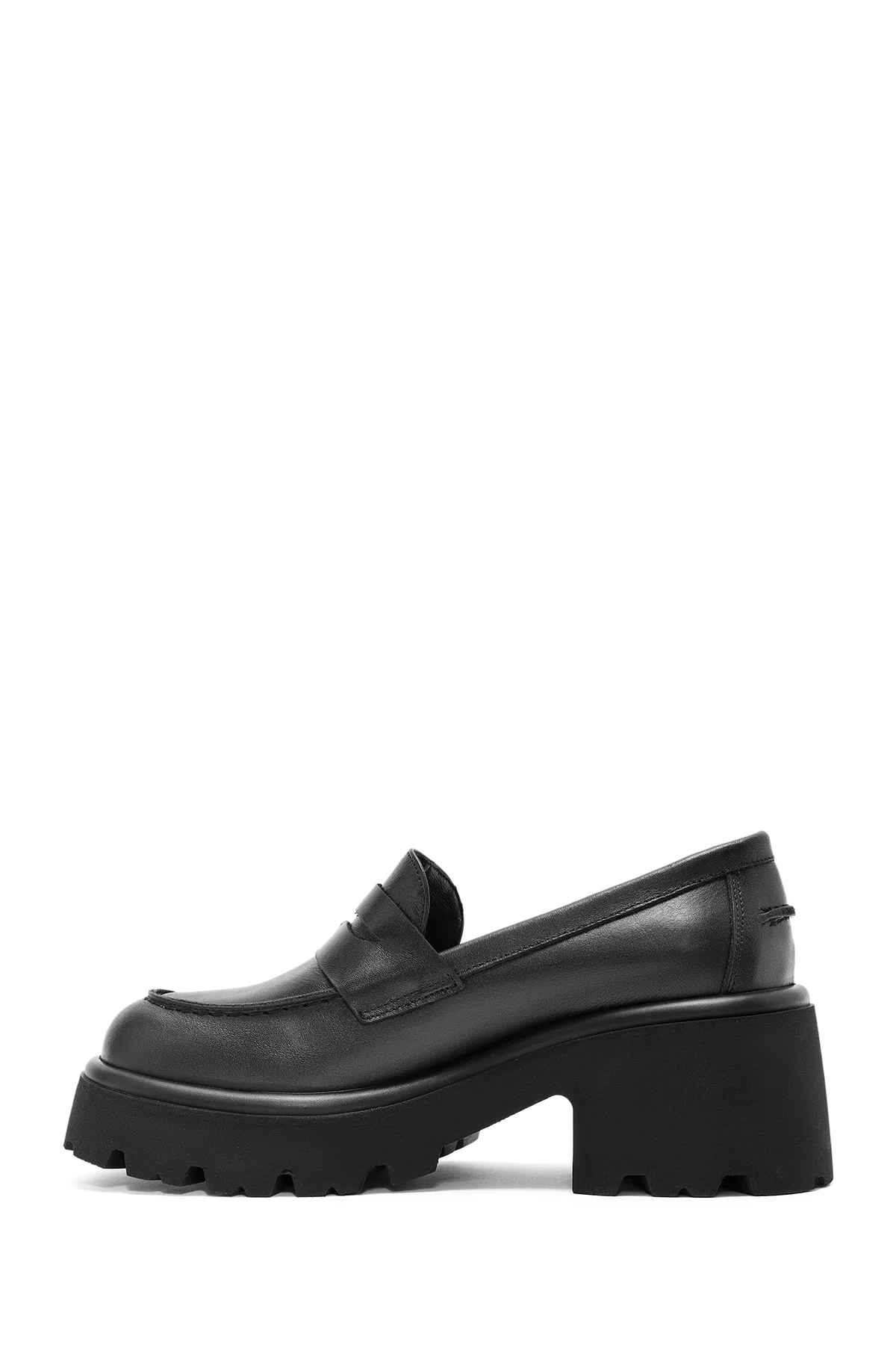 Kadın Siyah Kalın Topuklu Deri Maskülen Loafer - Image 4