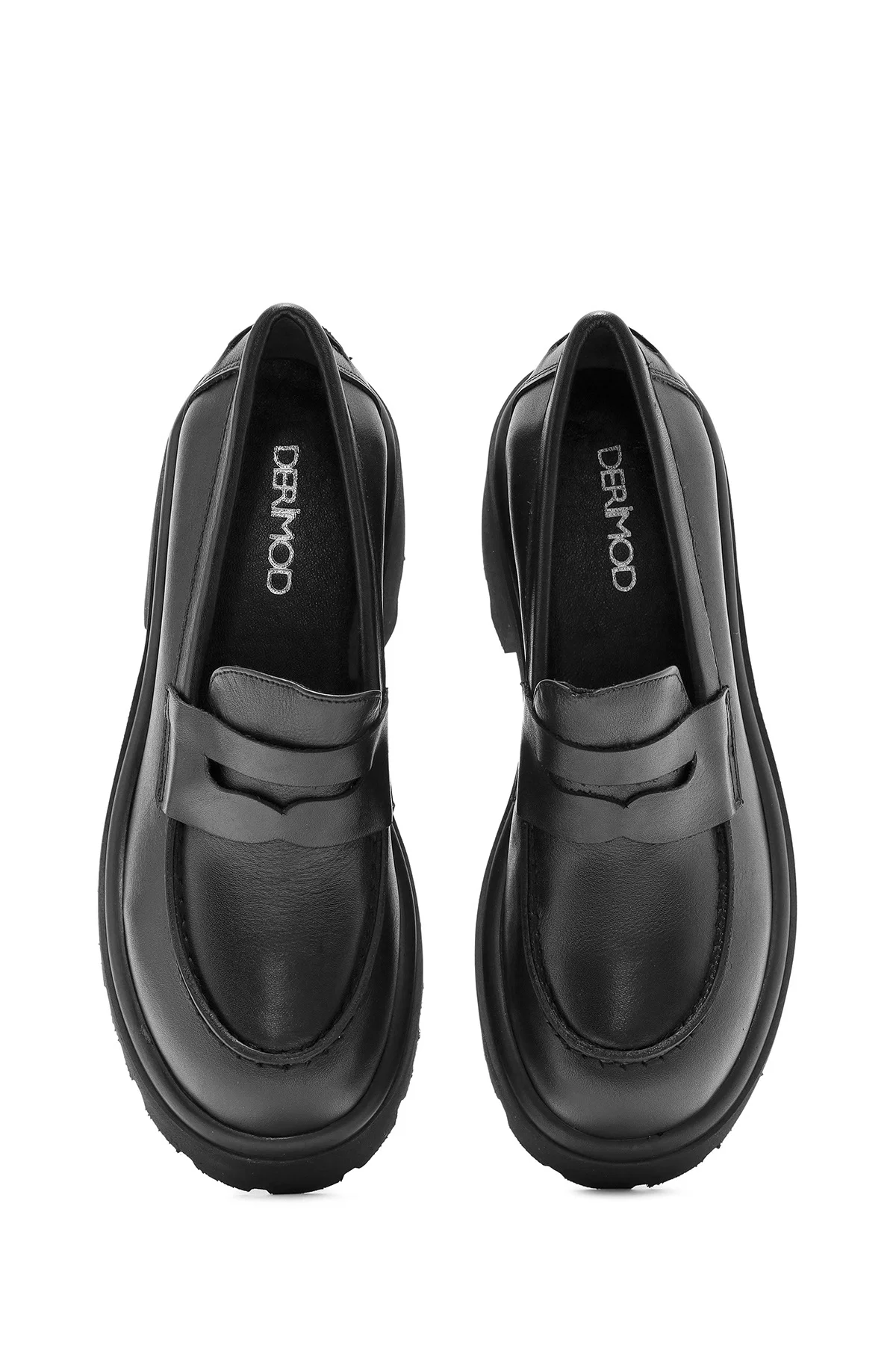 Kadın Siyah Kalın Topuklu Deri Maskülen Loafer - Image 8