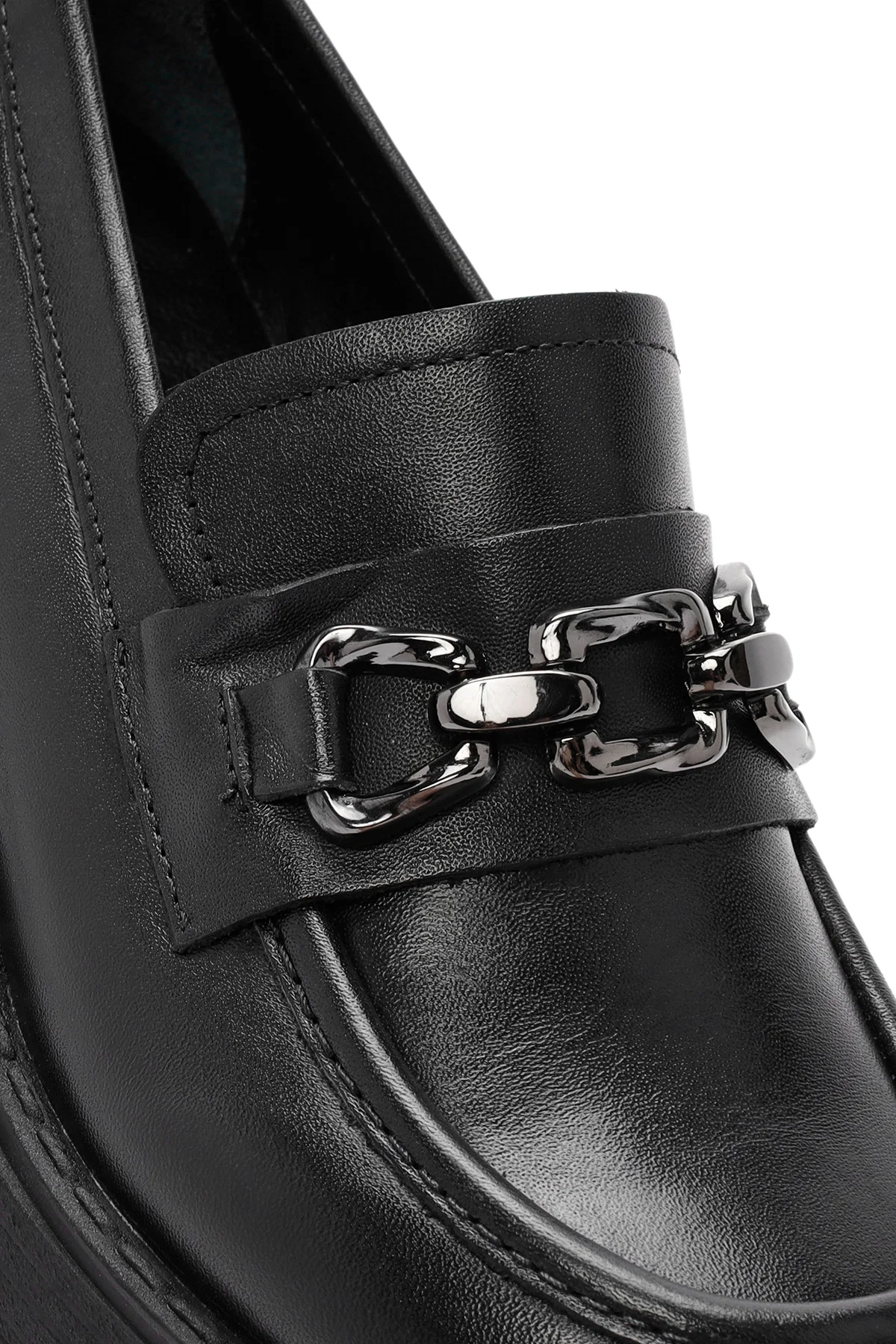 Kadın Siyah Kalın Topuklu Deri Maskülen Loafer - Image 10