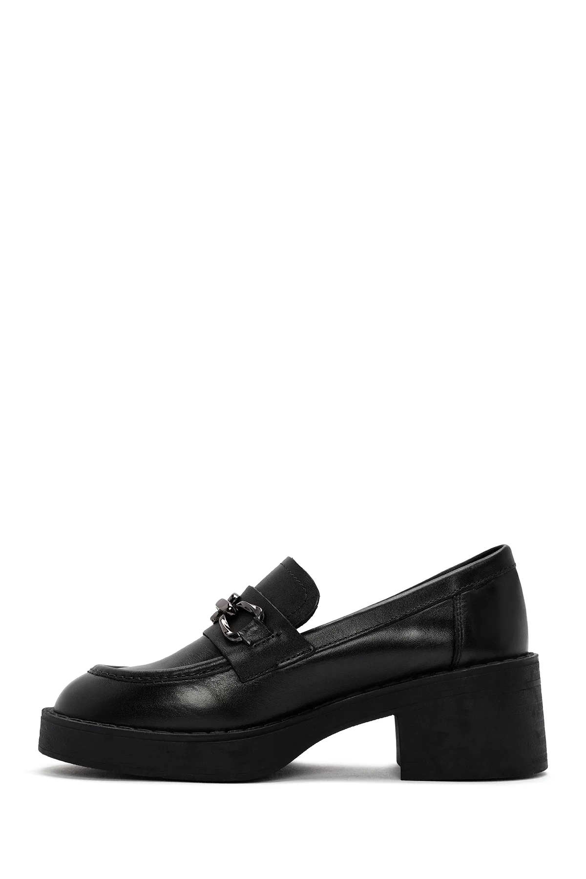 Kadın Siyah Kalın Topuklu Deri Maskülen Loafer - Image 4