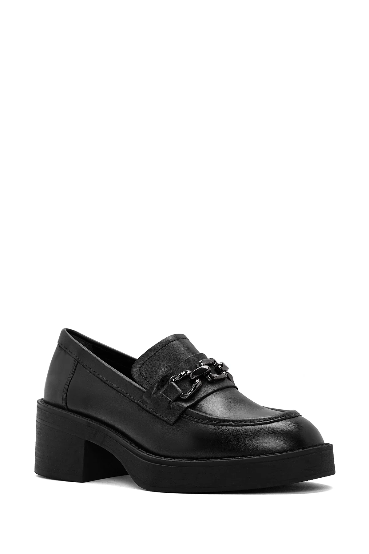 Kadın Siyah Kalın Topuklu Deri Maskülen Loafer - Image 7