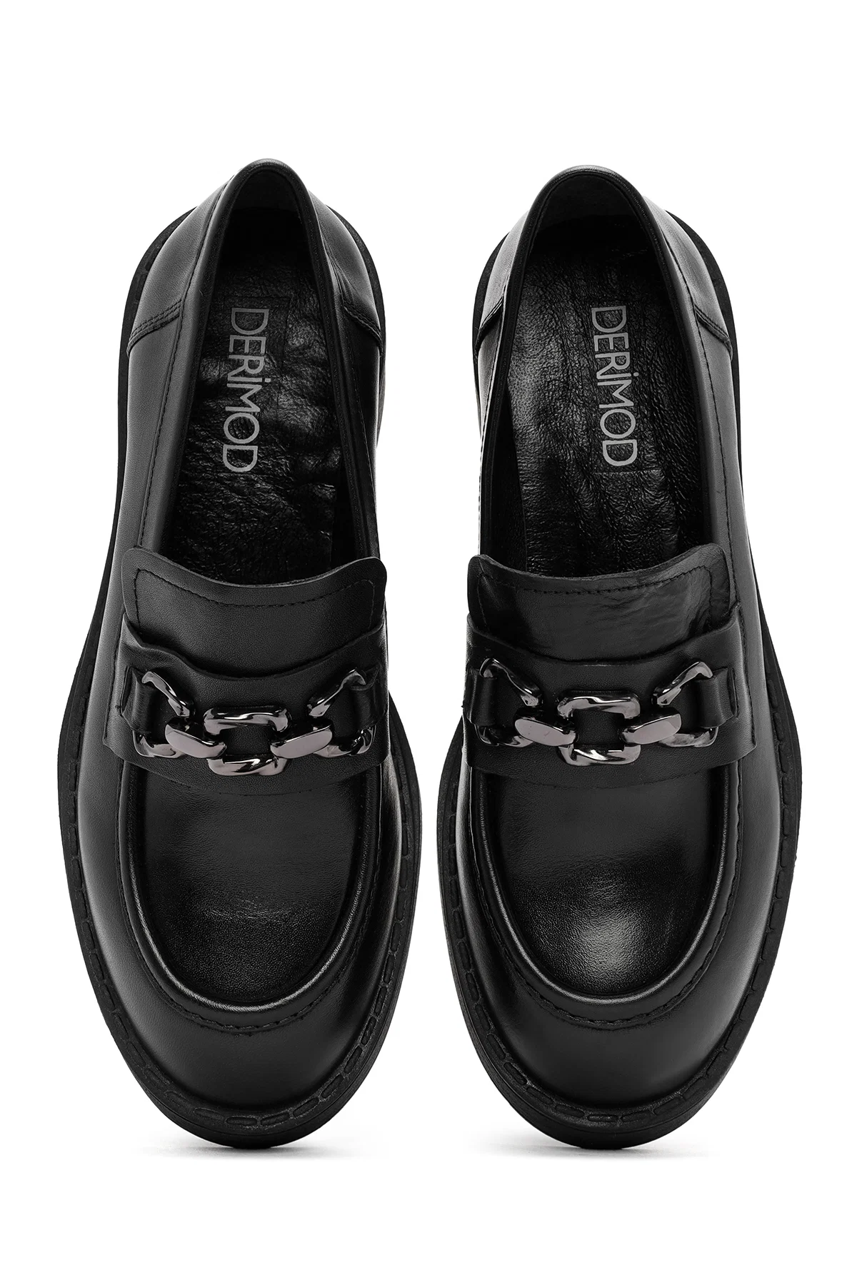 Kadın Siyah Kalın Topuklu Deri Maskülen Loafer - Image 8