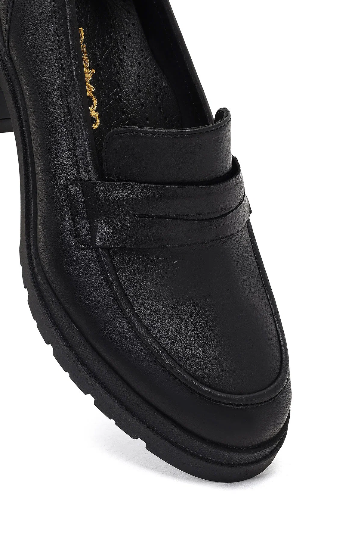 Kadın Siyah Kalın Topuklu Deri Maskülen Loafer - Image 10