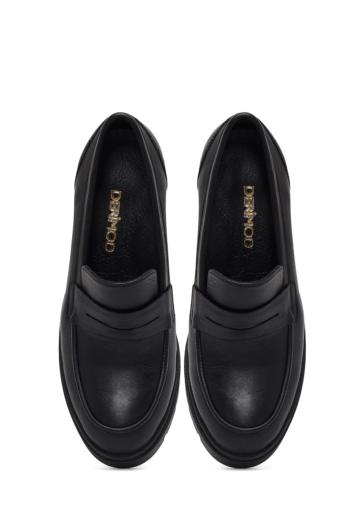 Kadın Siyah Kalın Topuklu Deri Maskülen Loafer - Image 8
