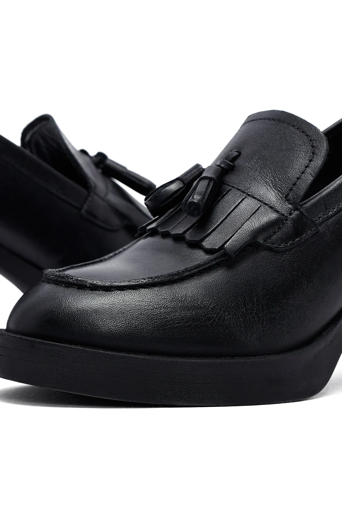 Kadın Siyah Kalın Topuklu Deri Maskülen Loafer - Image 12