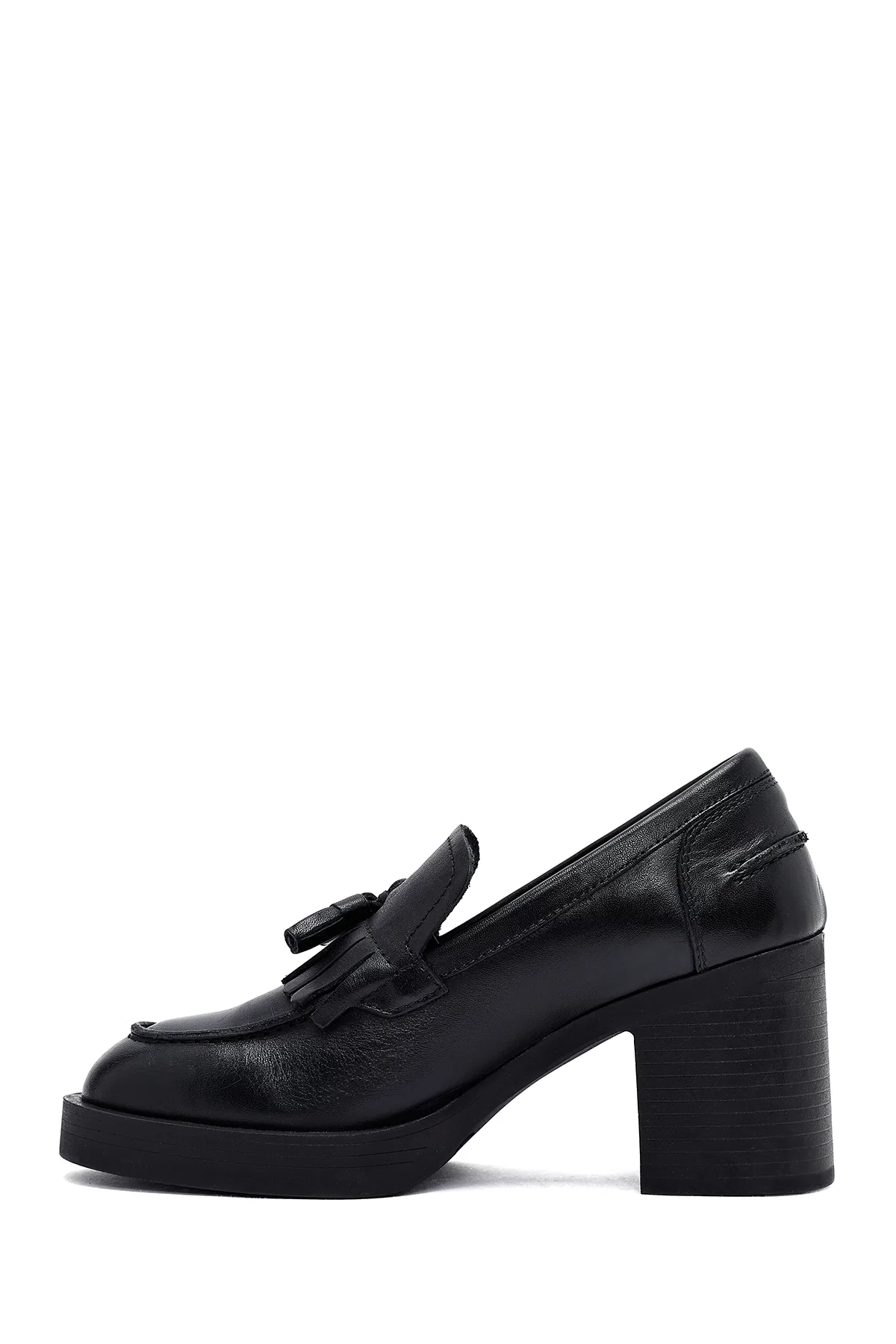 Kadın Siyah Kalın Topuklu Deri Maskülen Loafer - Image 4
