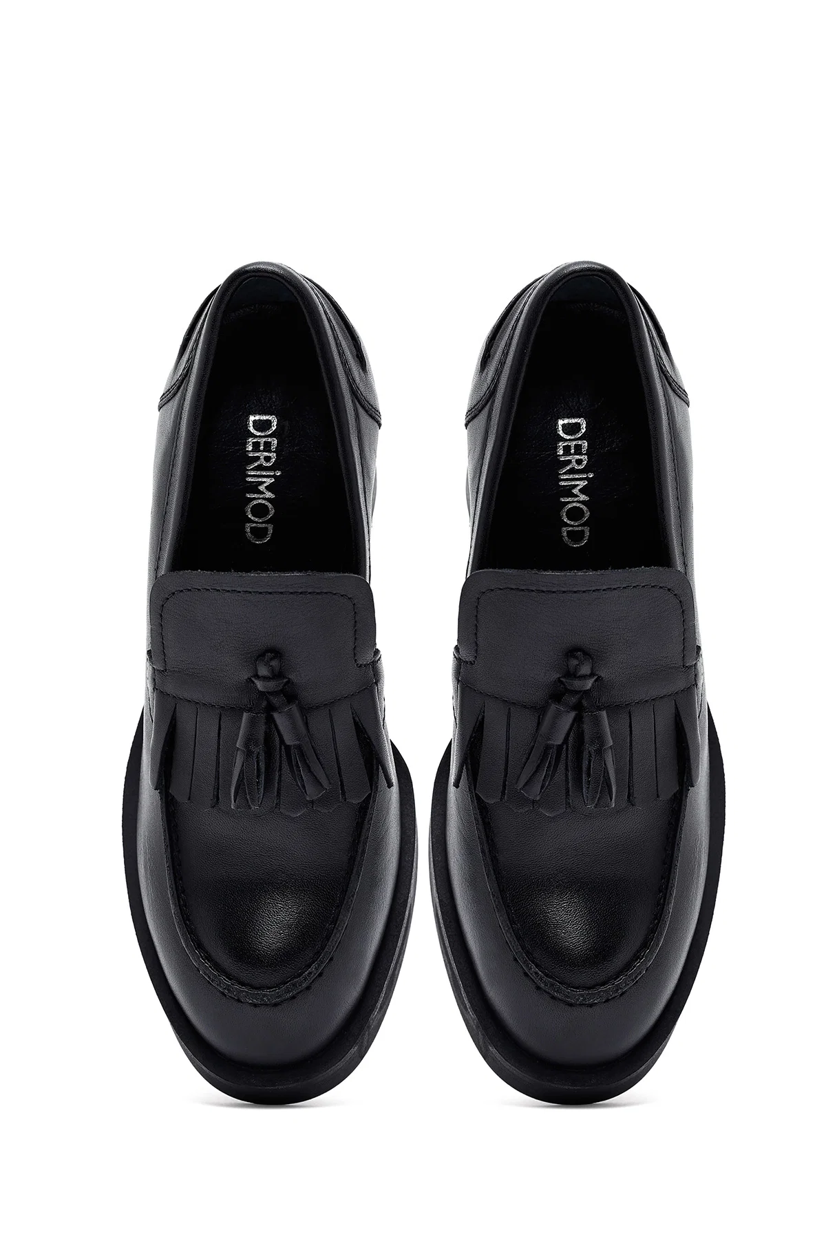 Kadın Siyah Kalın Topuklu Deri Maskülen Loafer - Image 8