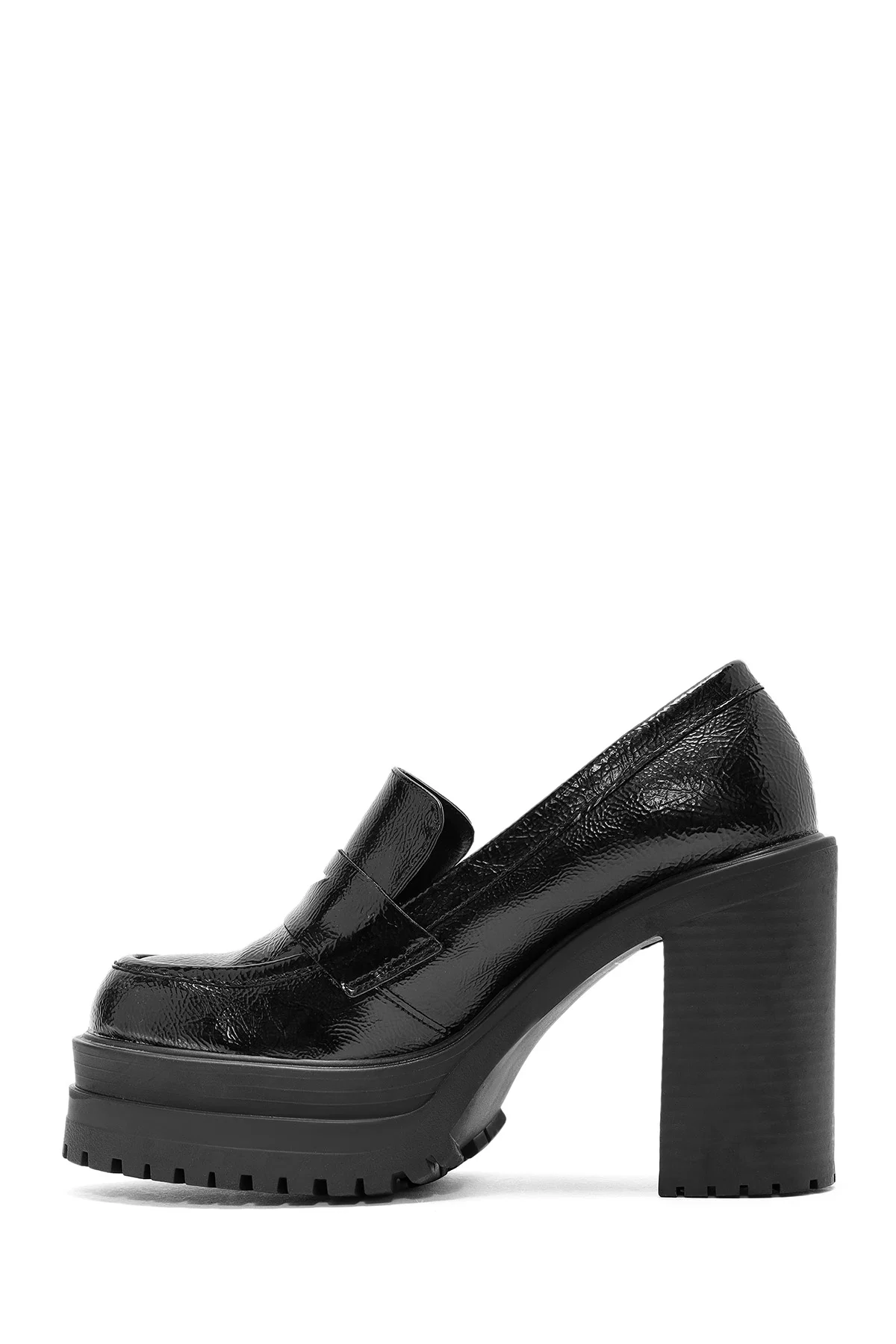 Kadın Siyah Kalın Topuklu Rugan Maskülen Loafer - Image 4
