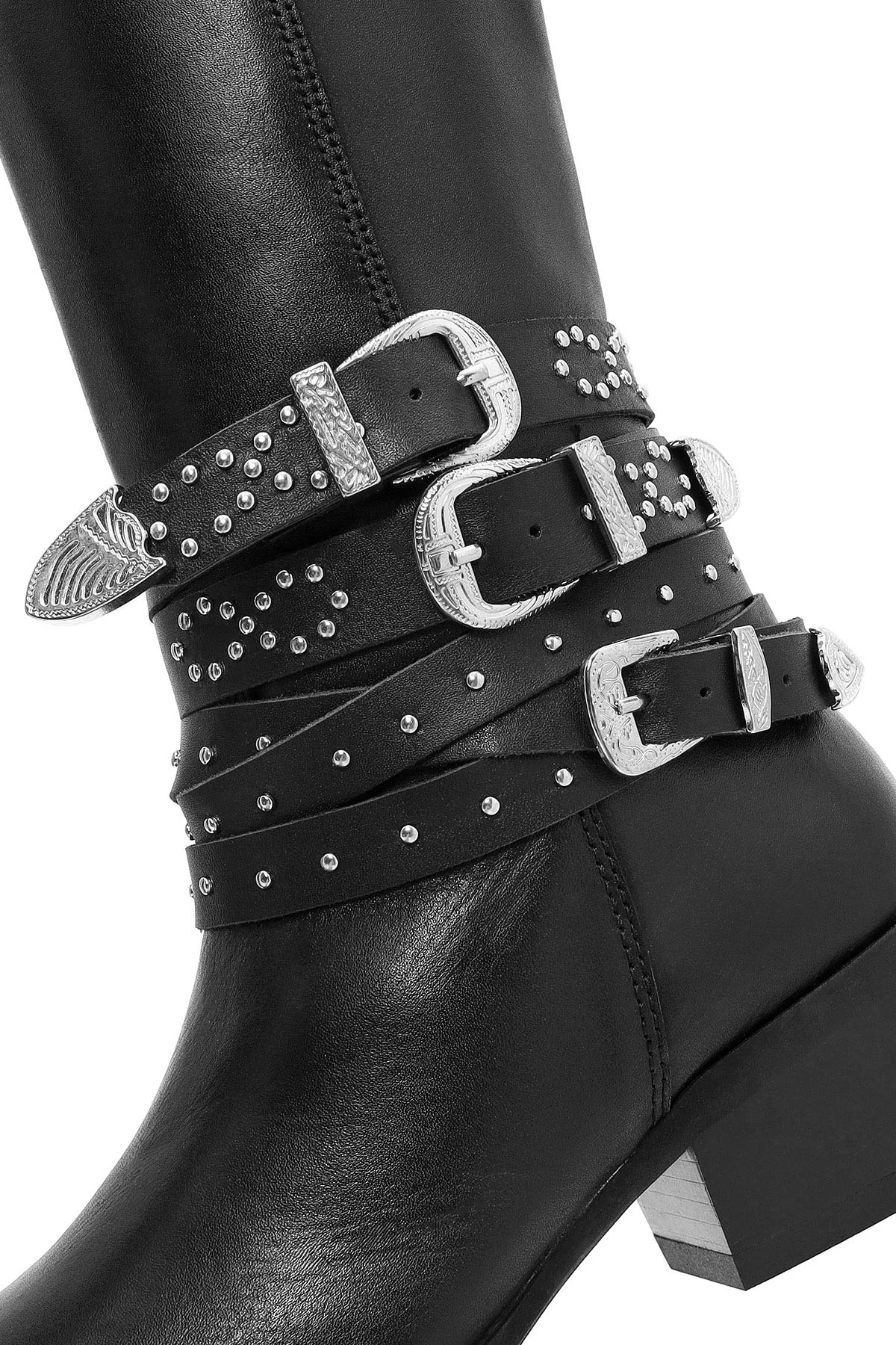 Kadın Siyah Kalın Topuklu Toka Detaylı Deri Kovboy Çizme - Image 10