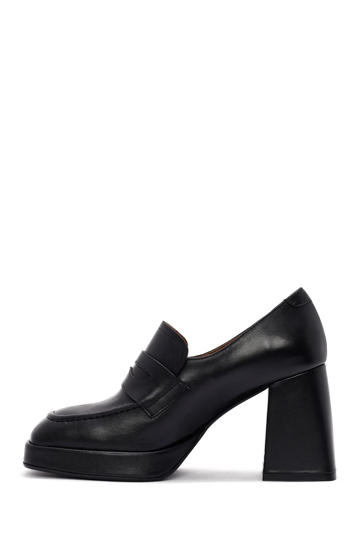 Kadın Siyah Kalın Yüksek Topuklu Deri Maskülen Loafer - Image 4