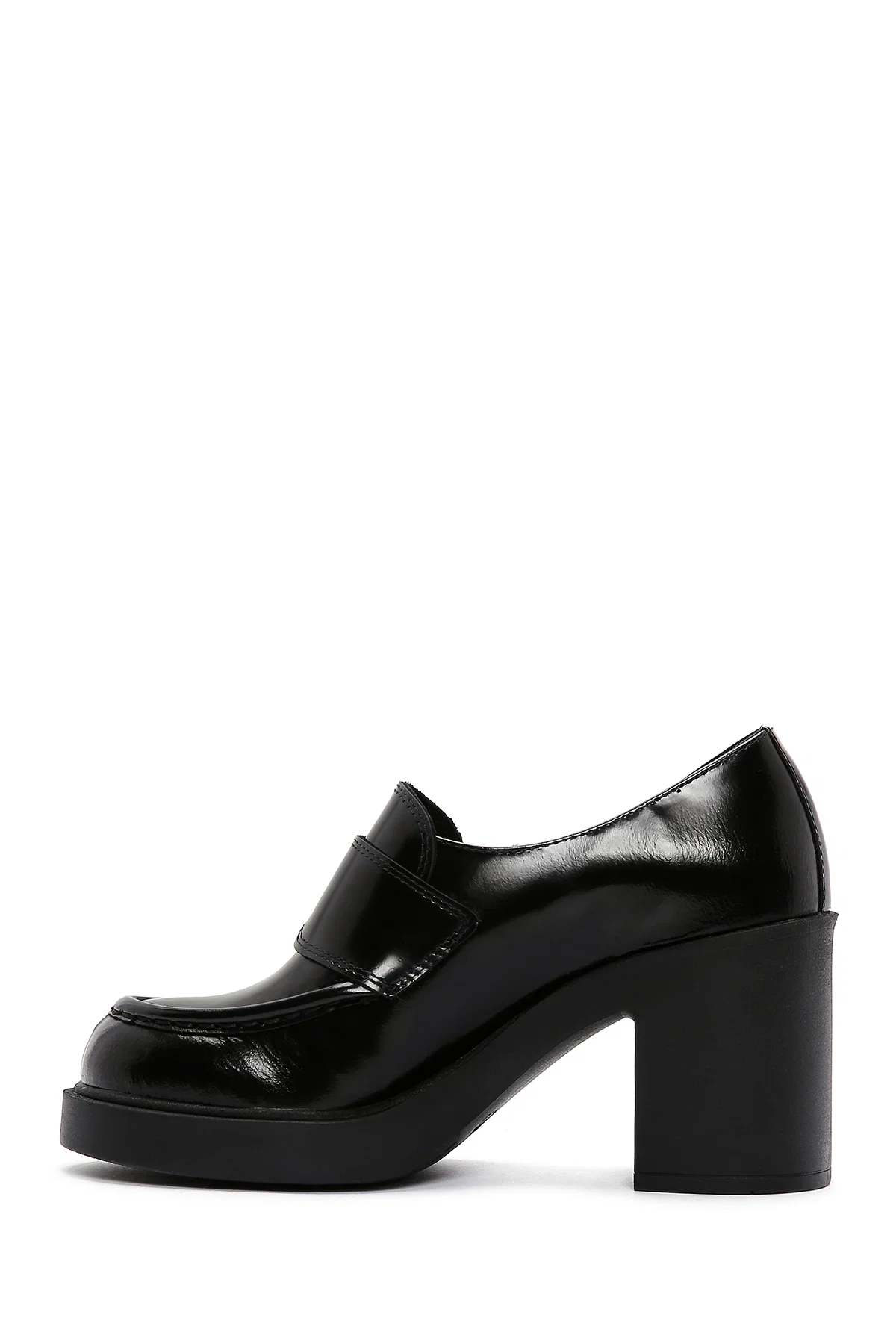 Kadın Siyah Kalın Yüksek Topuklu Deri Maskülen Loafer - Image 4