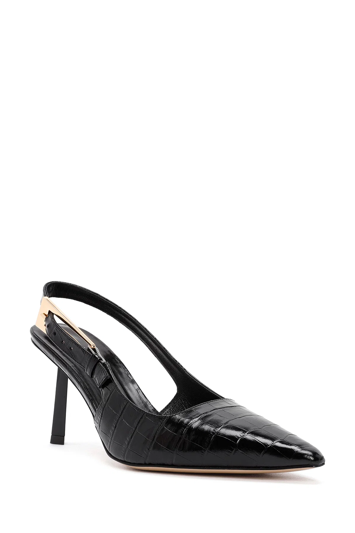Kadın Siyah Kroko Desenli Arkası Açık İnce Topuklu Deri Ayakkabı - Image 8