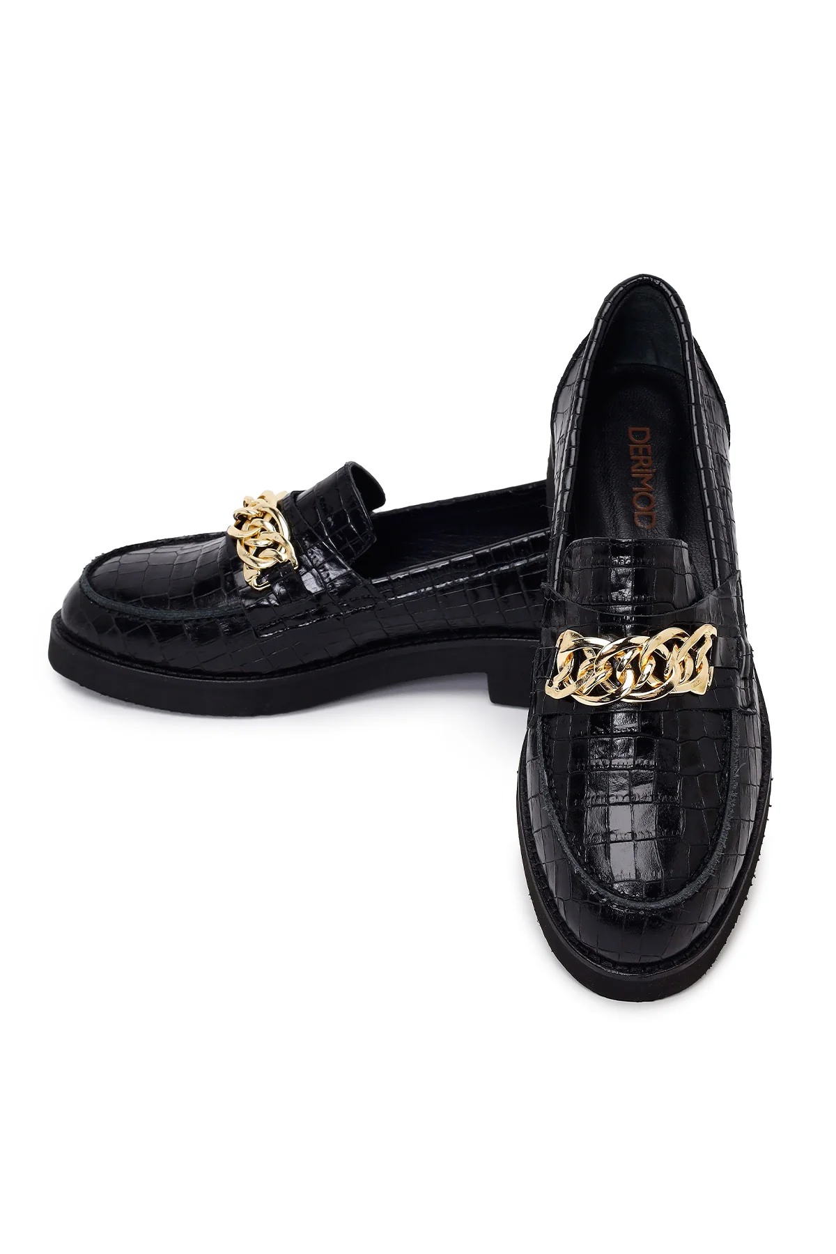 Kadın Siyah Kroko Desenli Zincir Detaylı Deri Maskülen Loafer - Image 10