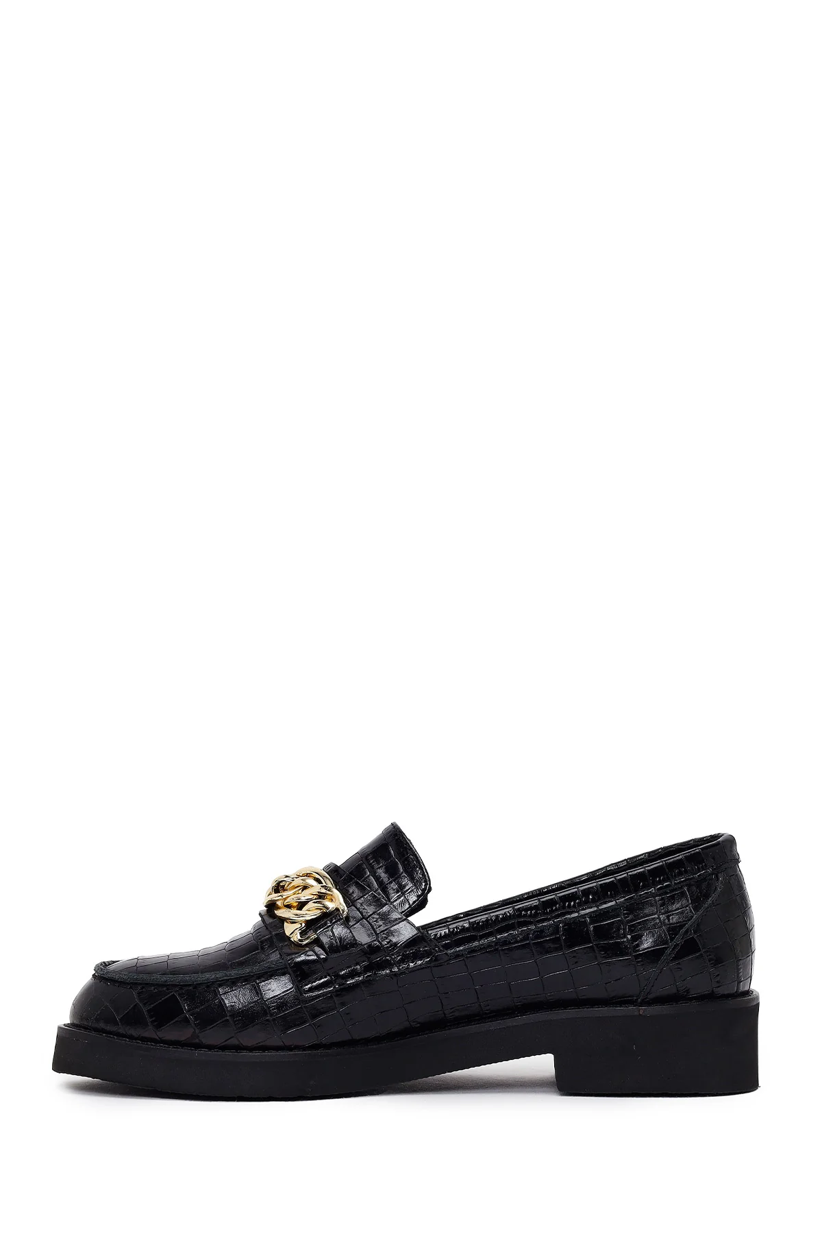 Kadın Siyah Kroko Desenli Zincir Detaylı Deri Maskülen Loafer - Image 3