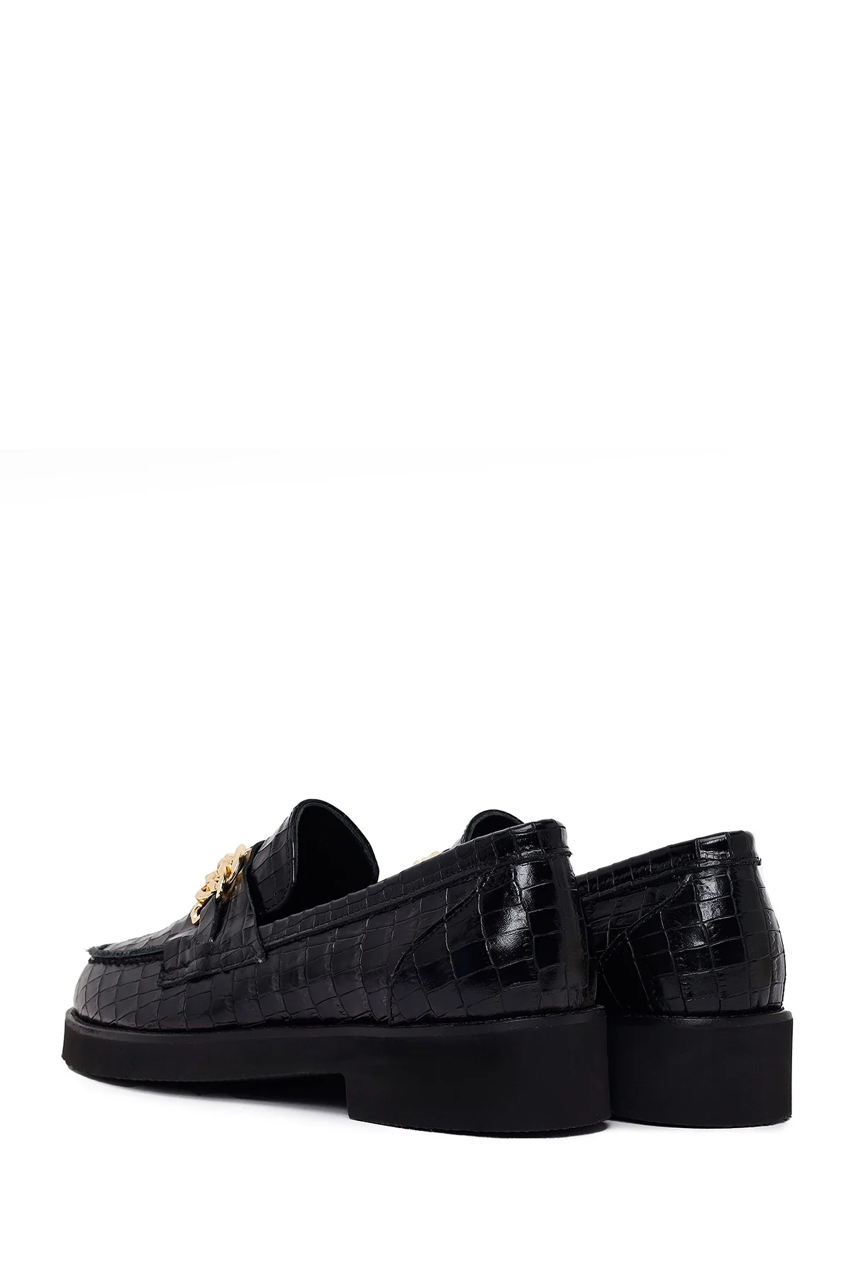 Kadın Siyah Kroko Desenli Zincir Detaylı Deri Maskülen Loafer - Image 6